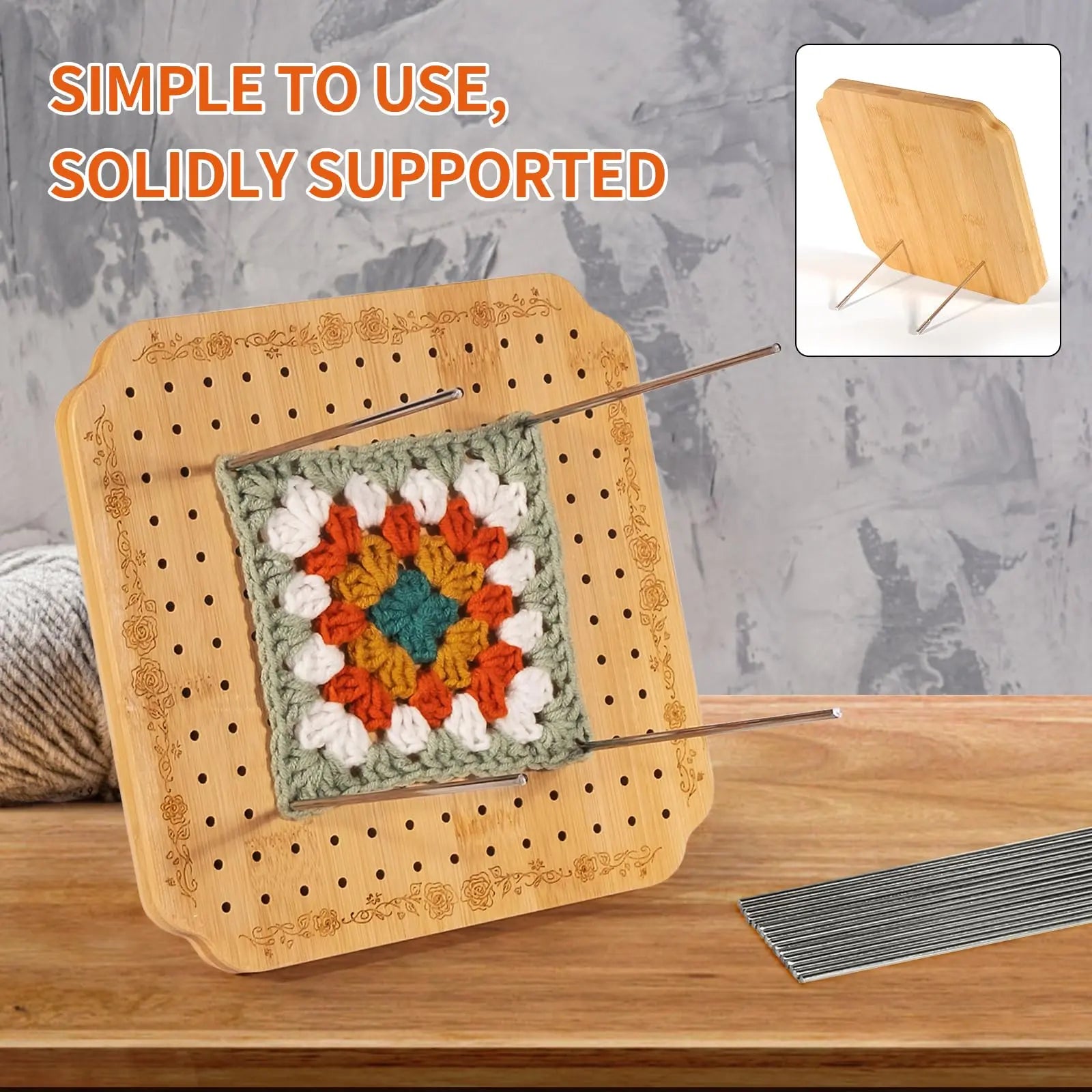 CraftyManor 7.6 in Blocking Boards for Crochet Projects with Rose Pattern, Crochet Blocking Board with Pegs, Granny Square Blocking Board with 20 Stainless Steel Pegs, Bamboo