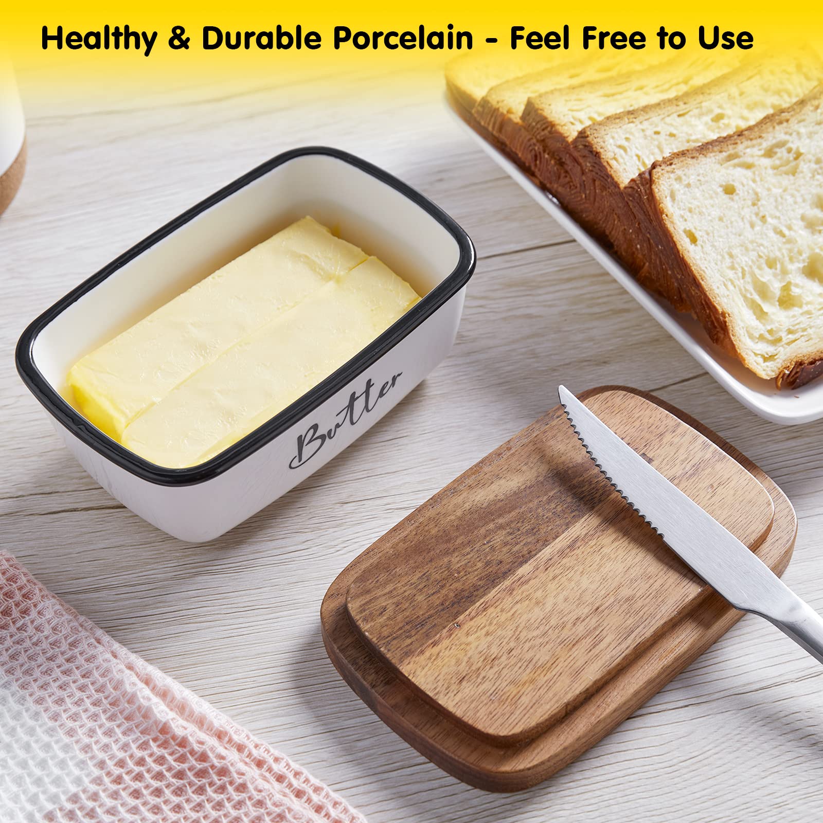 Butter Dish with Lid, ALELION Large Ceramic Butter Dish for Countertop, Butter Keeper with Thick Acacia Wood Lid, Kitchen Decor and Accessories for Kitchen Gifts, White