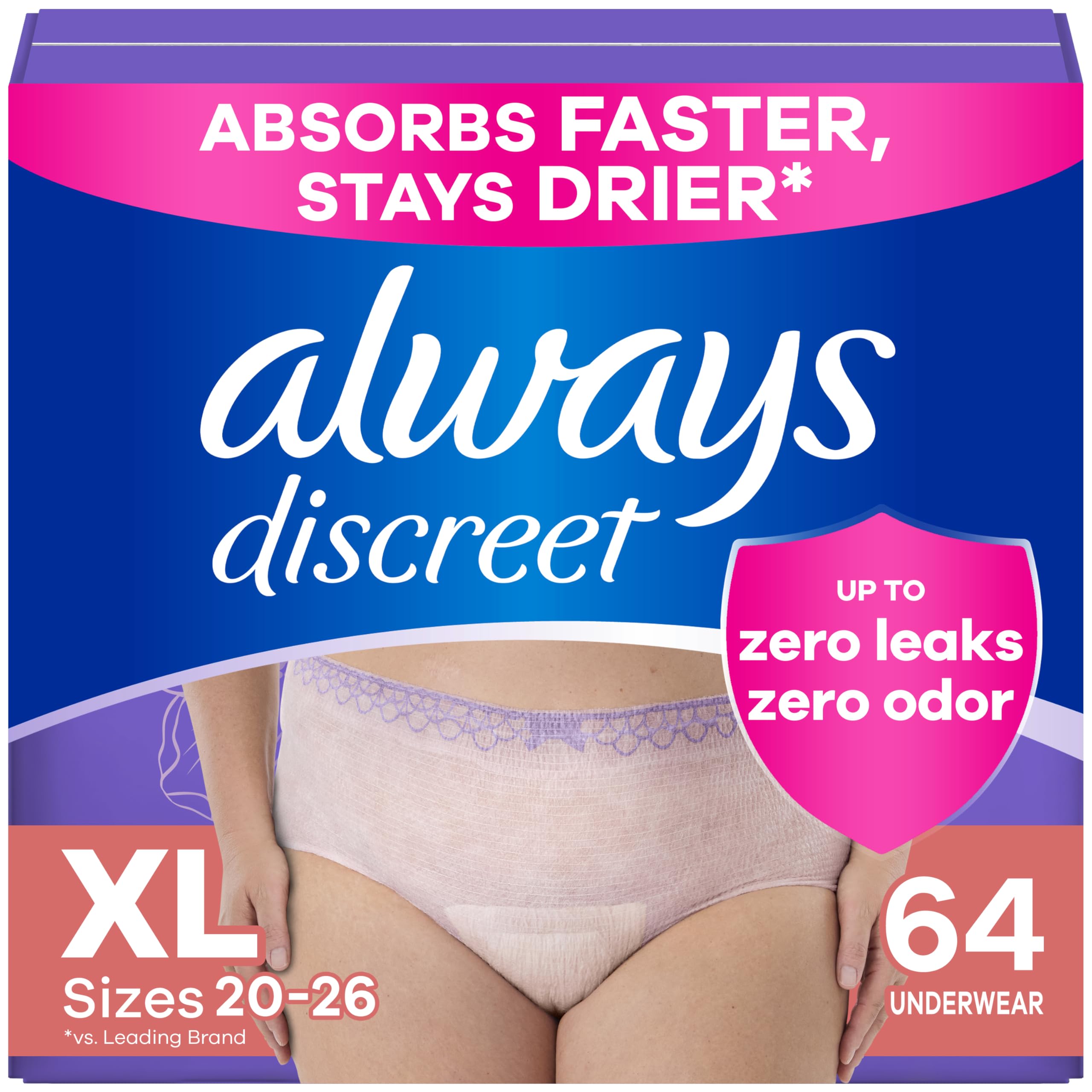 Always Discreet Adult Incontinence Underwear for Women and Postpartum Underwear, Extra Large, Up to 100% Bladder Leak Protection, 64 Count (2 Packs of 32)