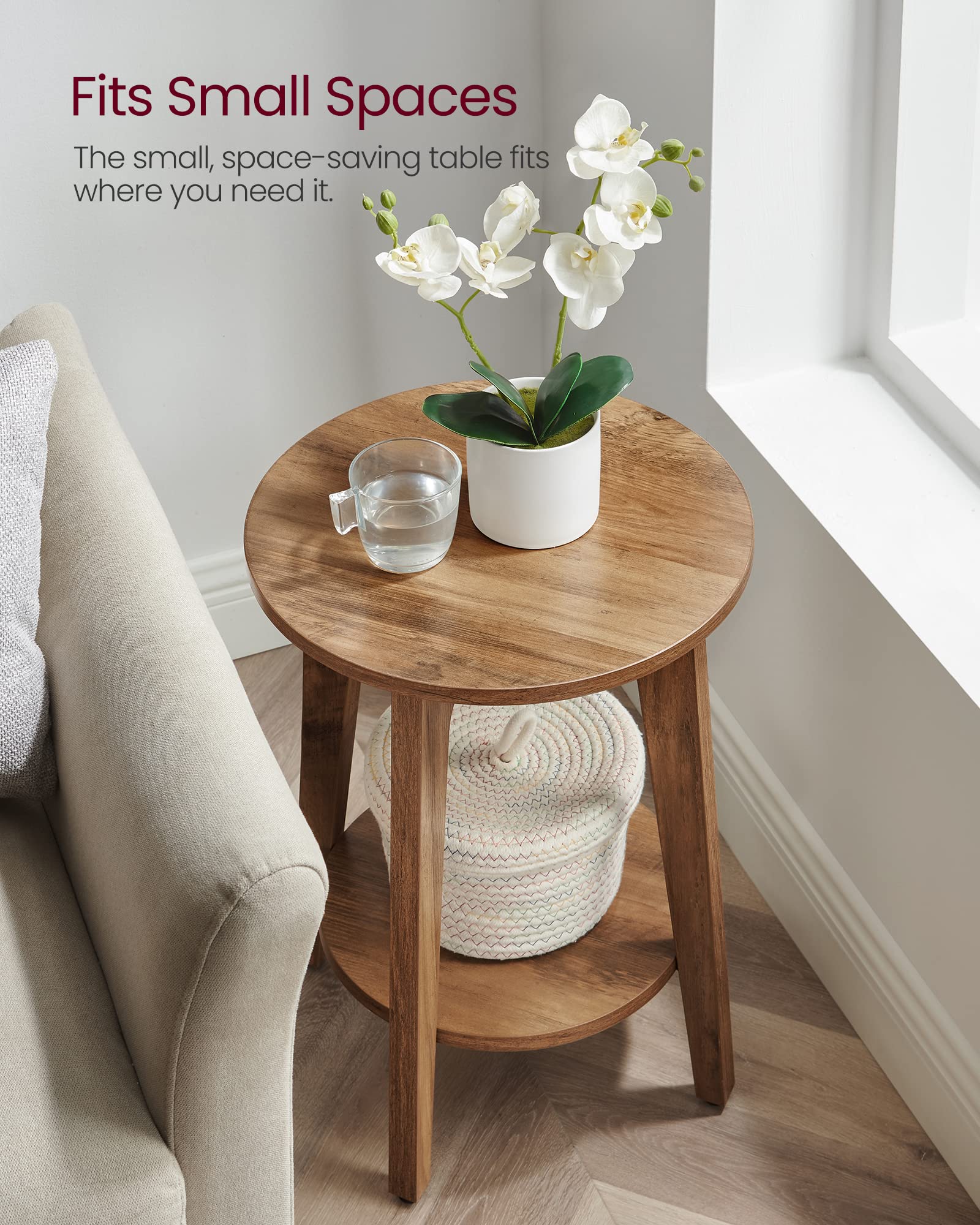 VASAGLE Side Table, Small Round End Table with Lower Shelf, Nightstand for Small Spaces, Living Room, Bedroom, Rustic Walnut ULET283T41