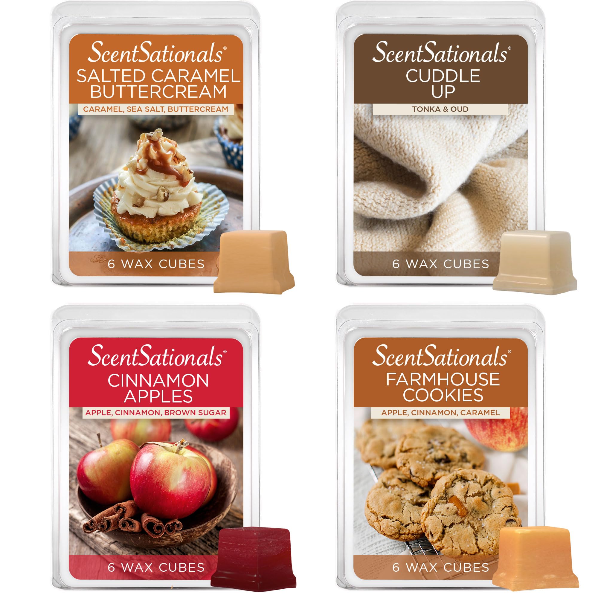 Scentsationals Fall Wax Melts Home Sweet Home 4pk - Long Lasting, Strong Scent Melts for Warmers, Includes Cuddle Up, Cinnamon Apples, Salted Caramel Butter Cream & Farmhouse Cookies, 10oz (24 Cubes)