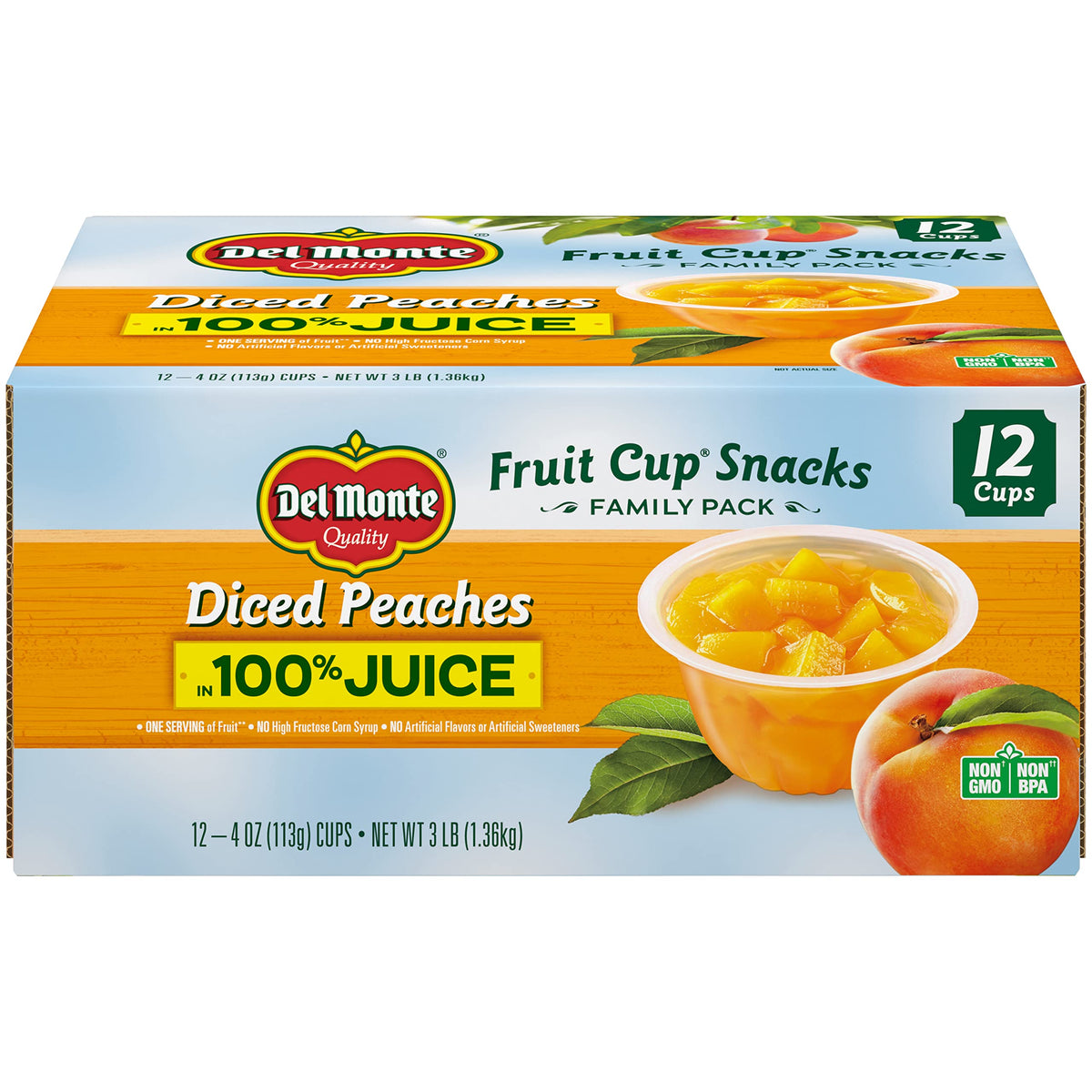 DEL MONTE Fruchtbecher mit gewürfelten Pfirsichen in 100 % Fruchtsaft, 12er-Pack, 113 g