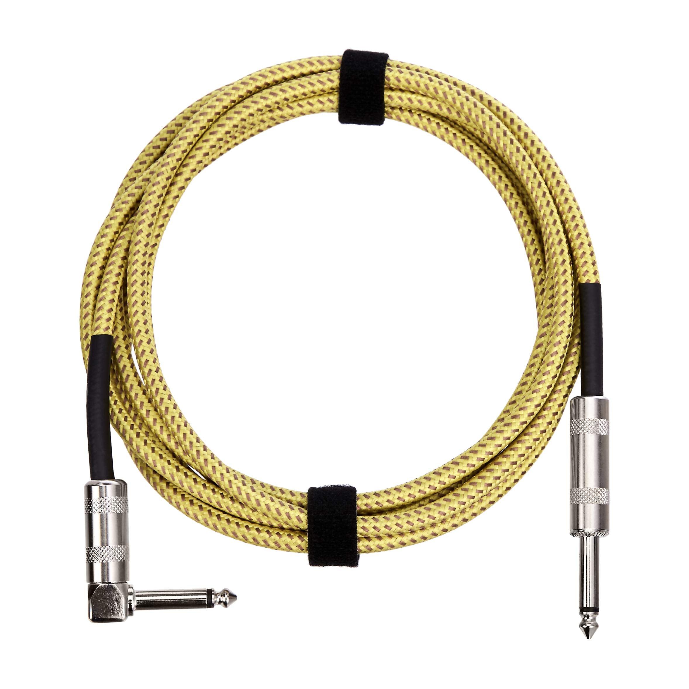 Basics TS 1/4 Inch Tweed Cloth Jacket Right-Angle Instrument Cable for Electric Guitar, 10 Foot, Yellow & Brown