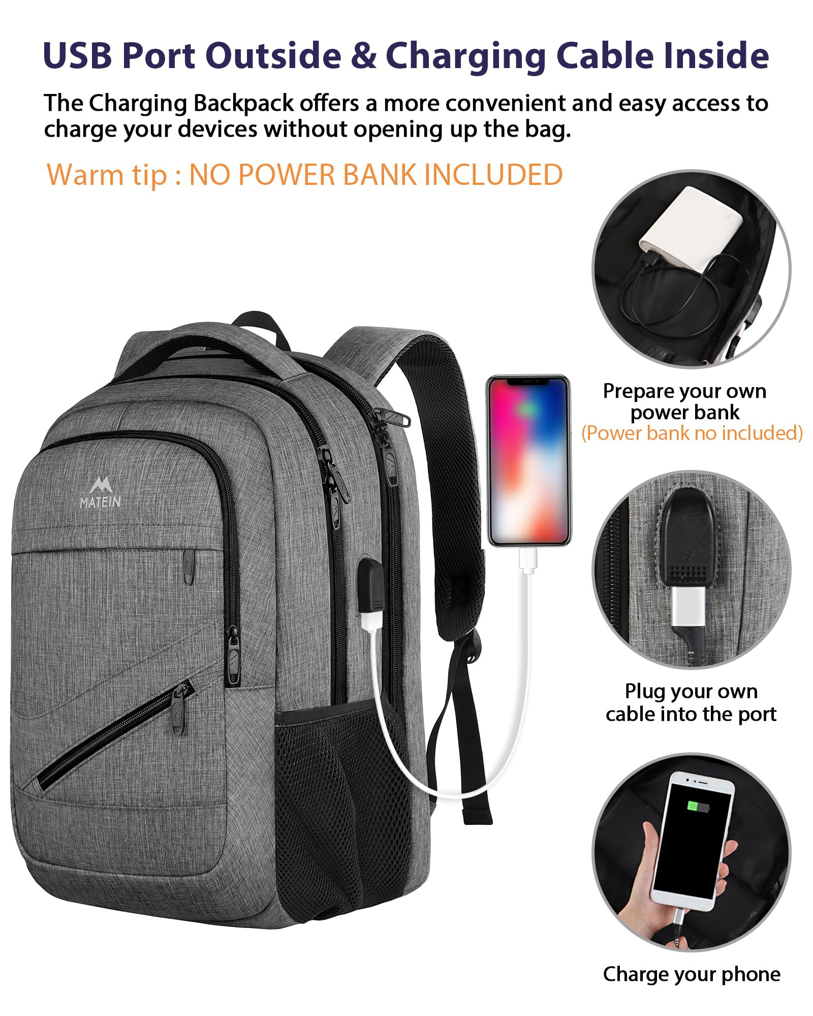MATEIN Travel Laptop Backpack, 17 Inch Work TSA Approved Carry on Backpack, Large Computer Business Bag for Men Women with USB Port and Trolley Sleeve, College School Rucksack Book Bag, Grey