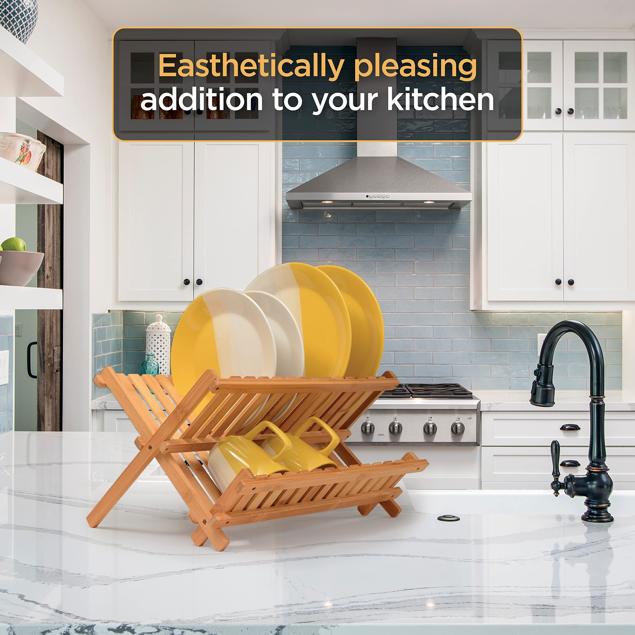 BAMBUSI Dish Drying Rack - Collapsible 2-Tier Bamboo Dish Rack for Kitchen Counter, Wooden Dish Drainer with Foldable Space-Saving Design - Drying Rack for Dishes, Plates, and Cups - Housewarming Gift