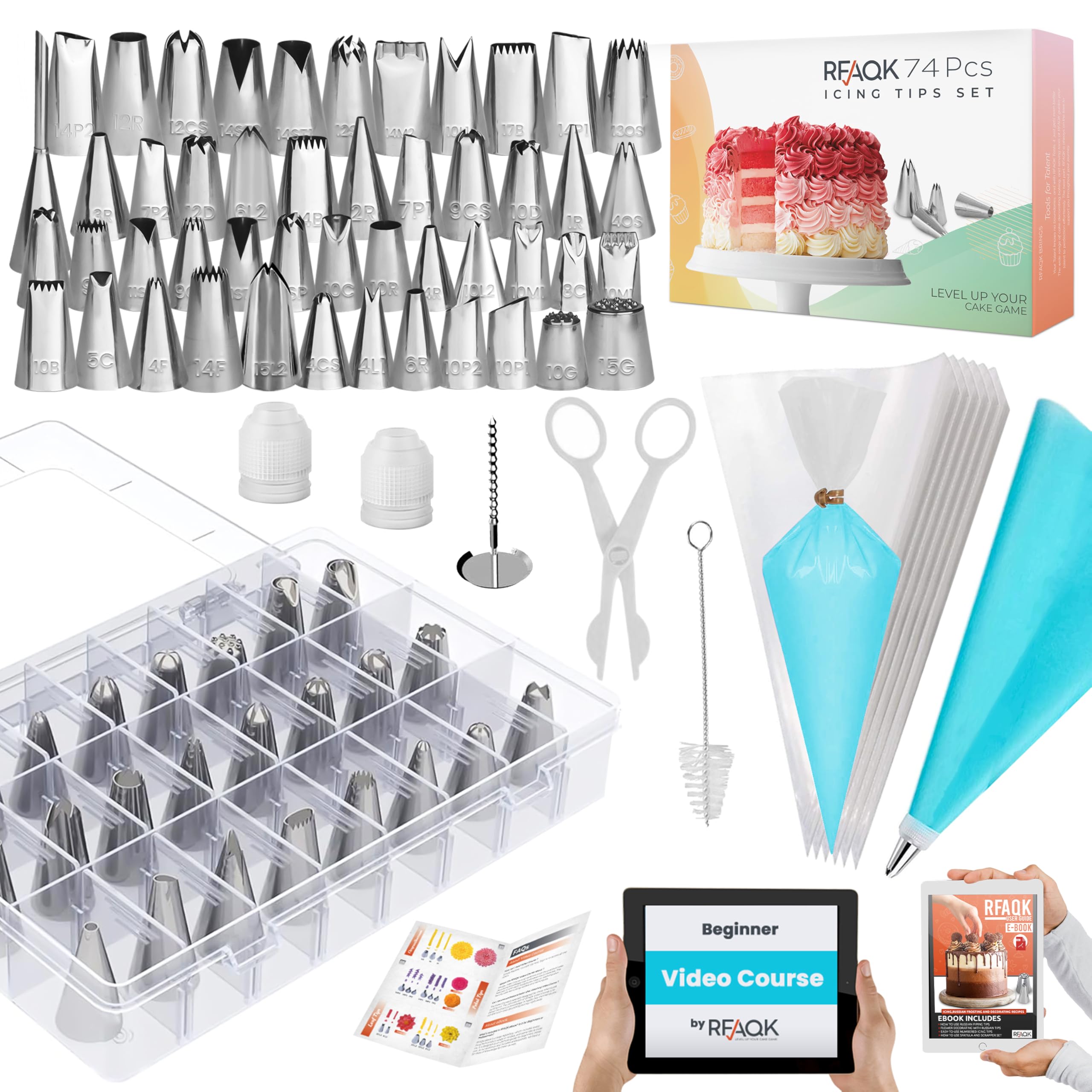 RFAQK 74 PCs Icing Piping Bags and Tips Set, Cake Decorating Kit with 48-Numbered Piping Tips, 20+1 Pastry Bags for Cookie Cupcake Cake Decoration, Cake Decorating Tips Set with Booklet and E-book