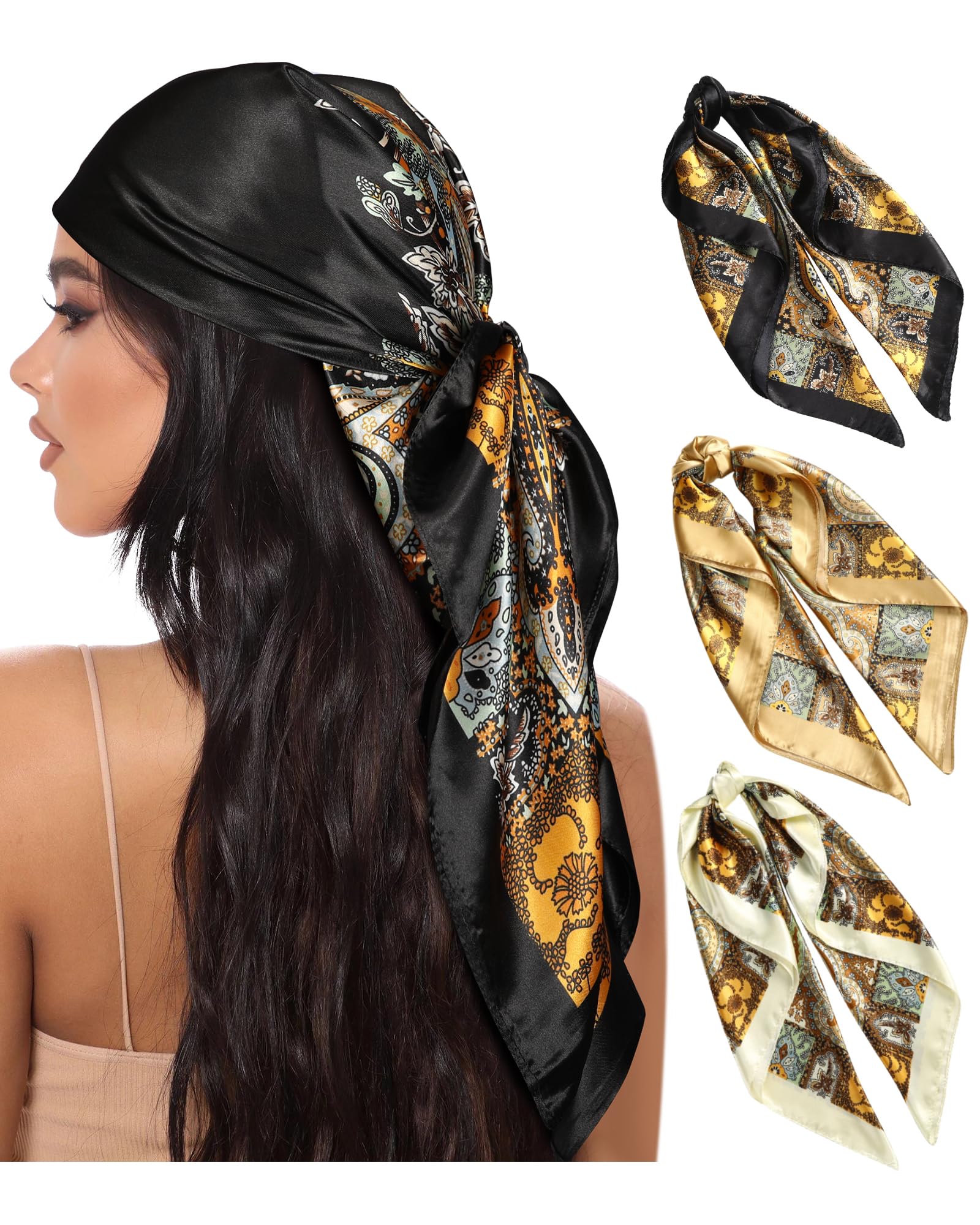 AWAYTR 35” Large Square Satin Head Scarf - 3Pcs Hair Scarves Bandana Beach Silk Feeling Headscarf for Women Hair