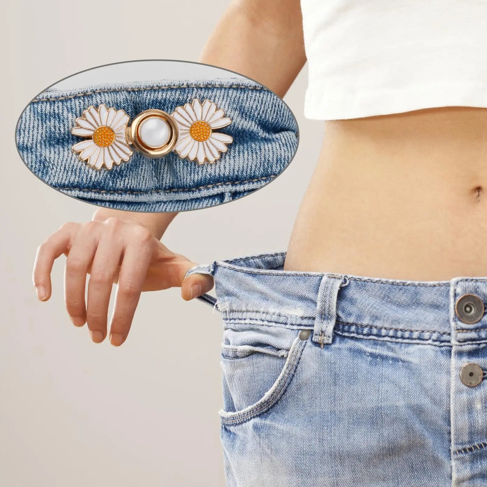 TOOVREN Pant Waist Tightener, Detachable Jean Buttons for Loose Jeans, No Sew and No Tools Button Pins for Jeans, Adjustable Jean Buttons Pins, Daisy Flower Instant Pants Button Tightener 4 Sets
