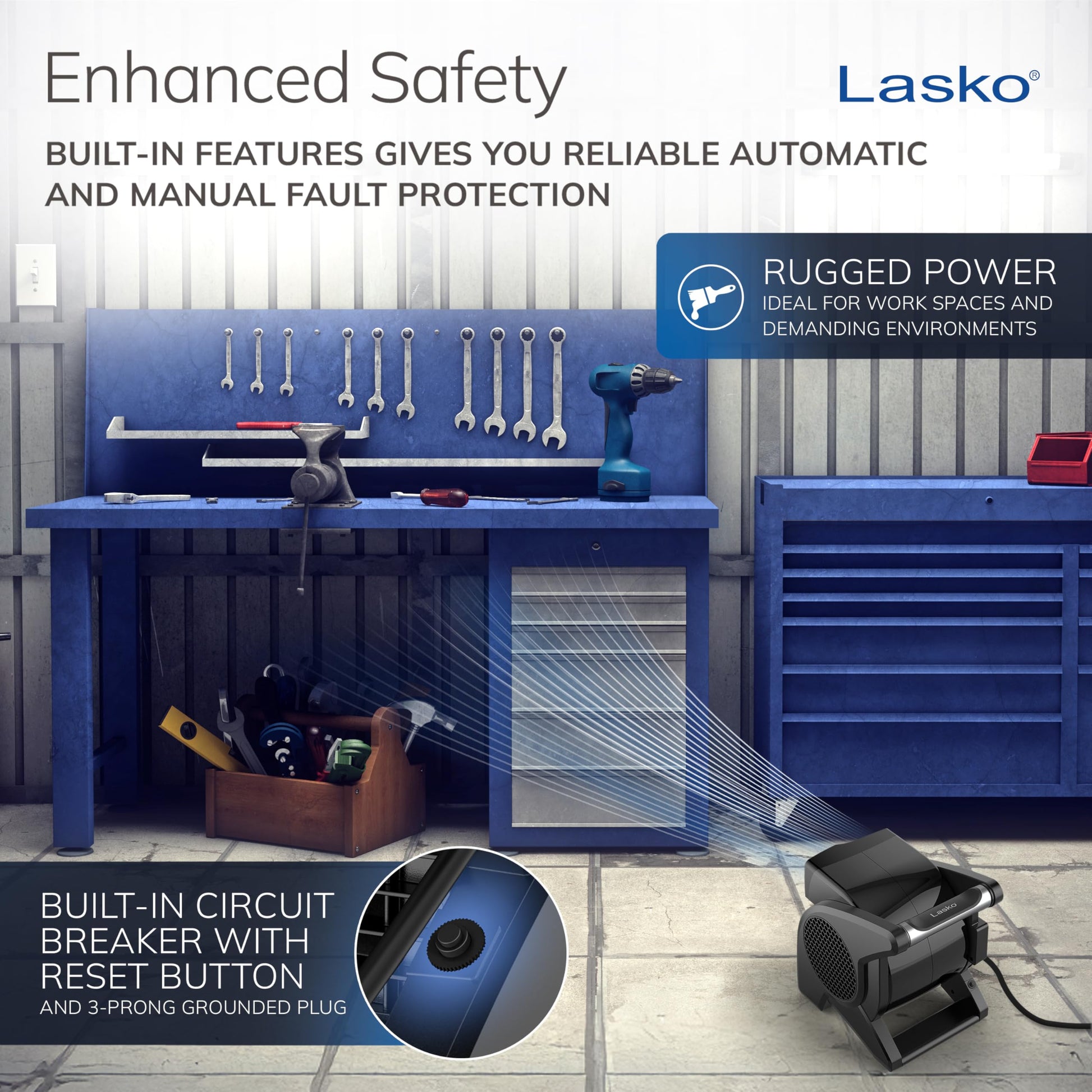 Lasko High Velocity Fan, 15", 375 CFM, Professional Utility Pivoting Blower Fan with 3 Speeds, 2 Accessory Outlets, 120V, Black, Model U15617