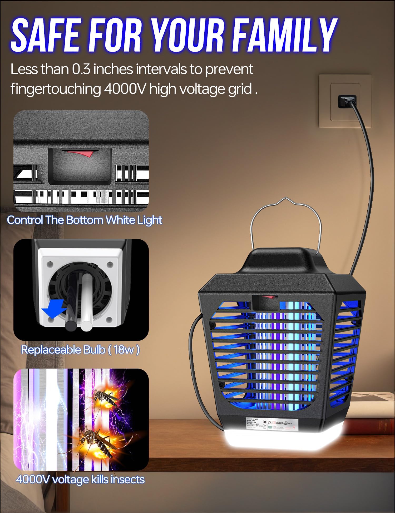 Bug Zapper Outdoor, Mosquito Zapper with LED Light, Fly Zapper Outdoor Indoor, Insect Zapper Electric Fly Traps, Plug in Mosquito Killer for Patio Yard