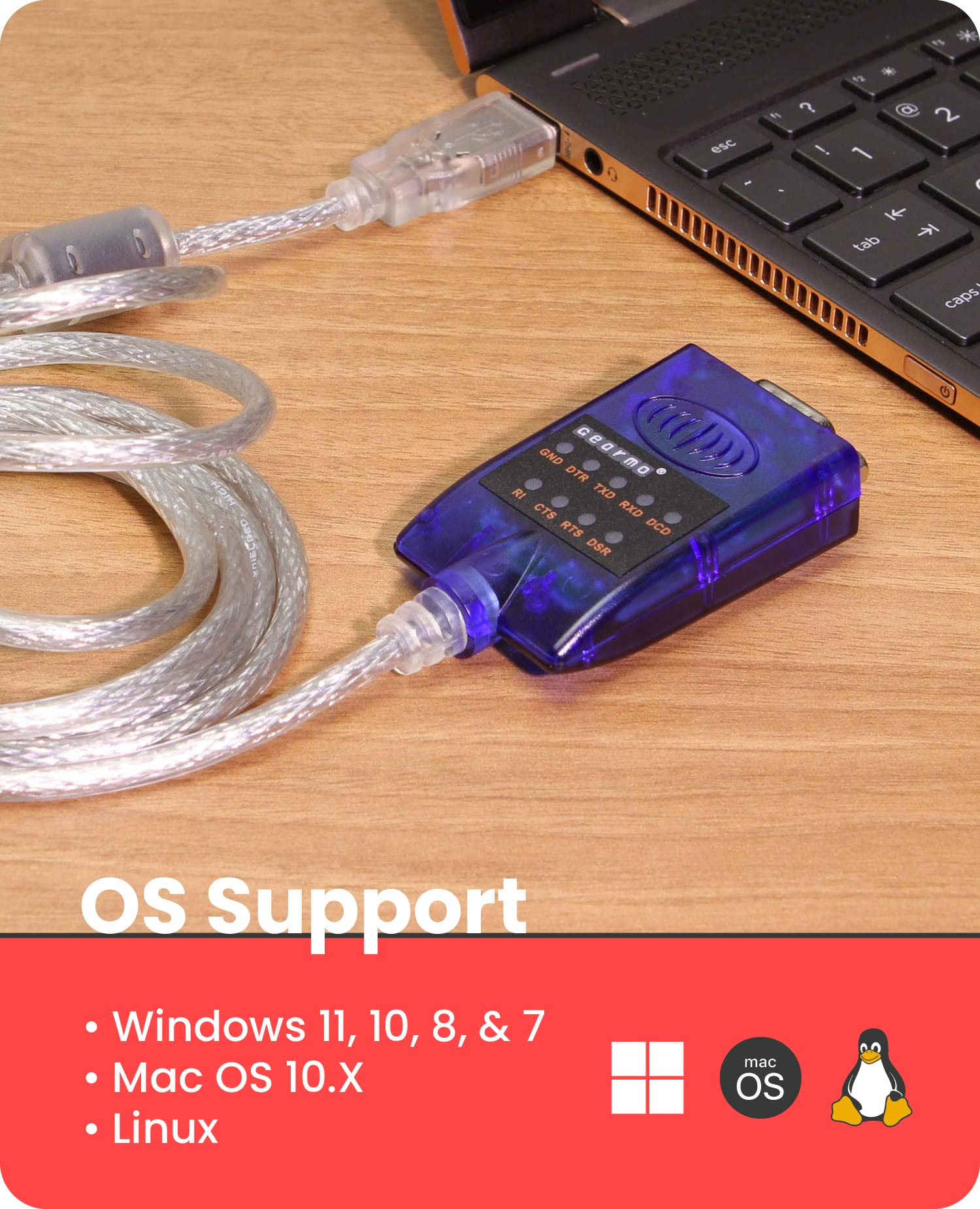 Gearmo USB to Serial RS-232 Adapter with LED Indicators, FTDI Chipset, Supports Windows 11/10/8.1/8/7, Mac OS X 10.6 and Above