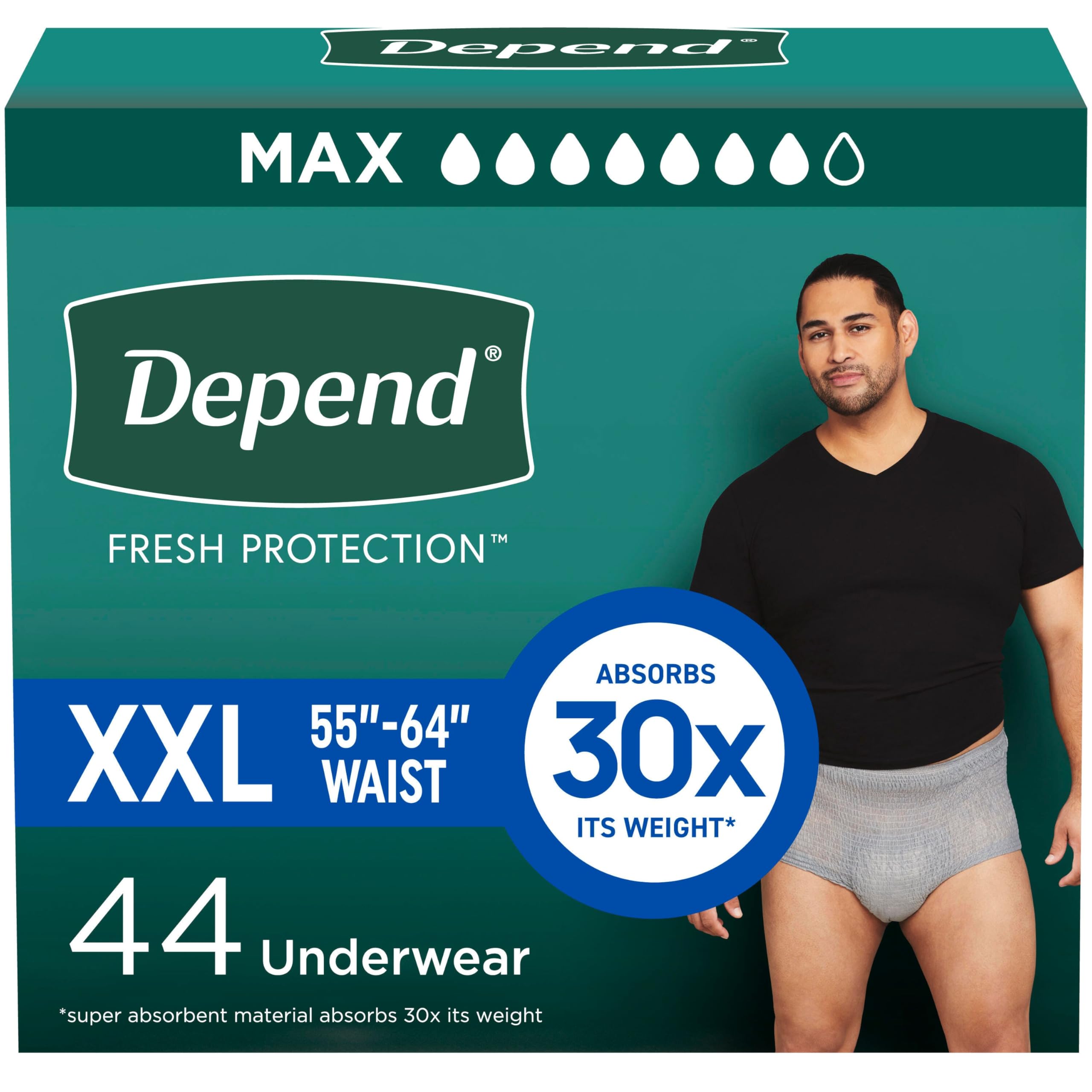 Depend Fresh Protection Adult Incontinence Underwear for Men, Disposable, Maximum, Extra-Extra-Large, Grey, 44 Count