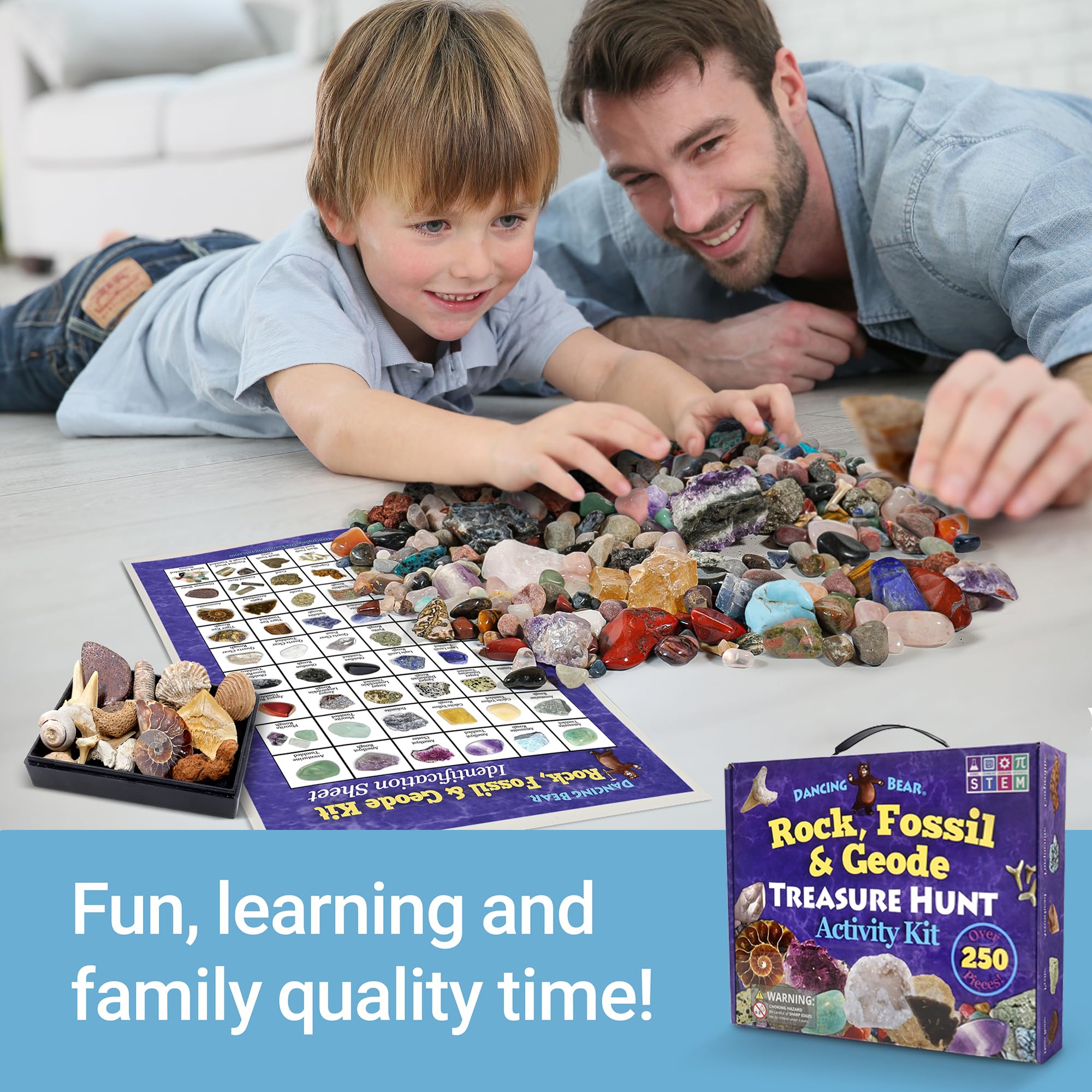 DANCING BEAR Rock, Mineral & Geodes Treasure Hunt Activity Kit (250 Pc Set) Real Shark Teeth Fossils, ID Sheet & Rock Book, STEM
