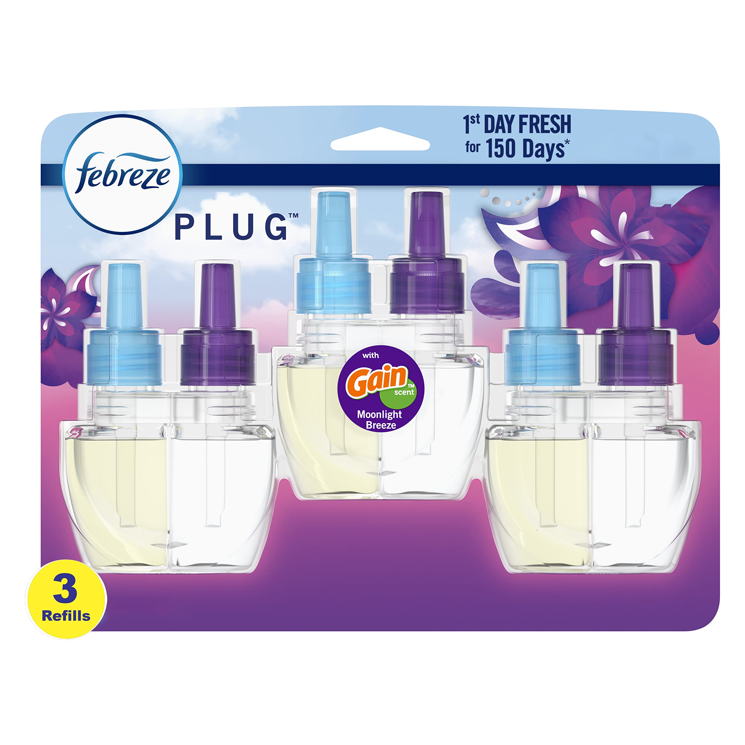 Febreze Plug In Air Freshener, Odor-Fighting Scented Oil Refill, Gain Moonlight Breeze, 3 Refills