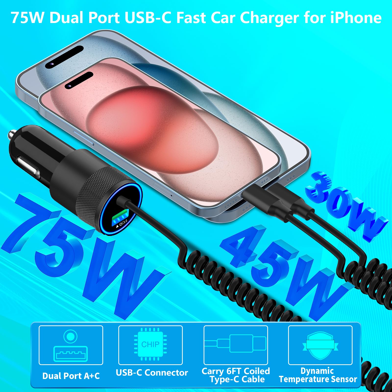 【MFi Certified】iPhone 17 Car Charger Fast Charging, Braveridge 75W USB C PD&QC Car Power Cigarette Lighter USB Charger with 6FT Type C Coiled Cable for iPhone 17/17 Pro Max/16/15/Galaxy S25/S24/Pixel