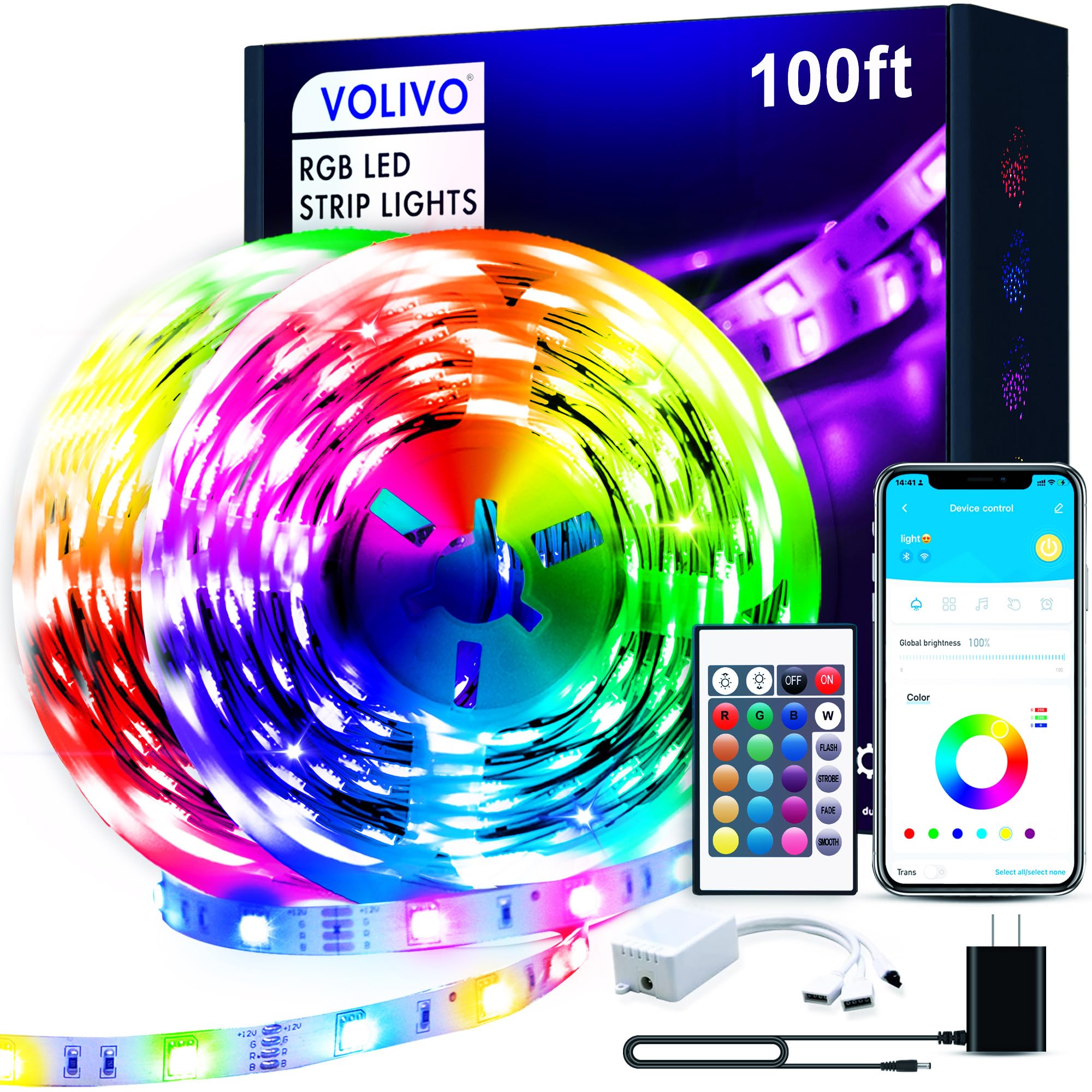 VOLIVO 100ft LED-Streifen für Schlafzimmer, Farbwechselnde LED-Lichtstreifen-Set mit 24-Tasten-IR-Fernbedienung und Smart App-Steuerung, RGB-Musik-Synchronisation Beleuchtung für Zimmer, Heimdekoration