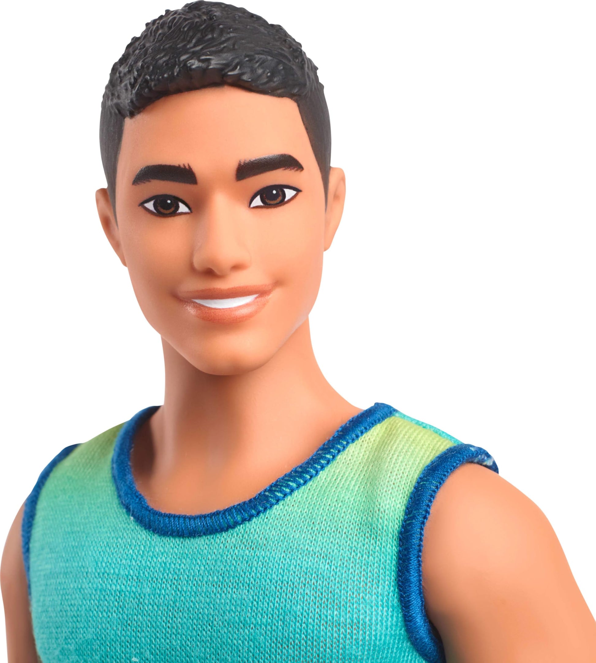 Barbie Fashionistas Ken Doll #236 with Black Hair, Wearing Blue and Green Ombre Tank with Jean Shorts and Silver Sneakers