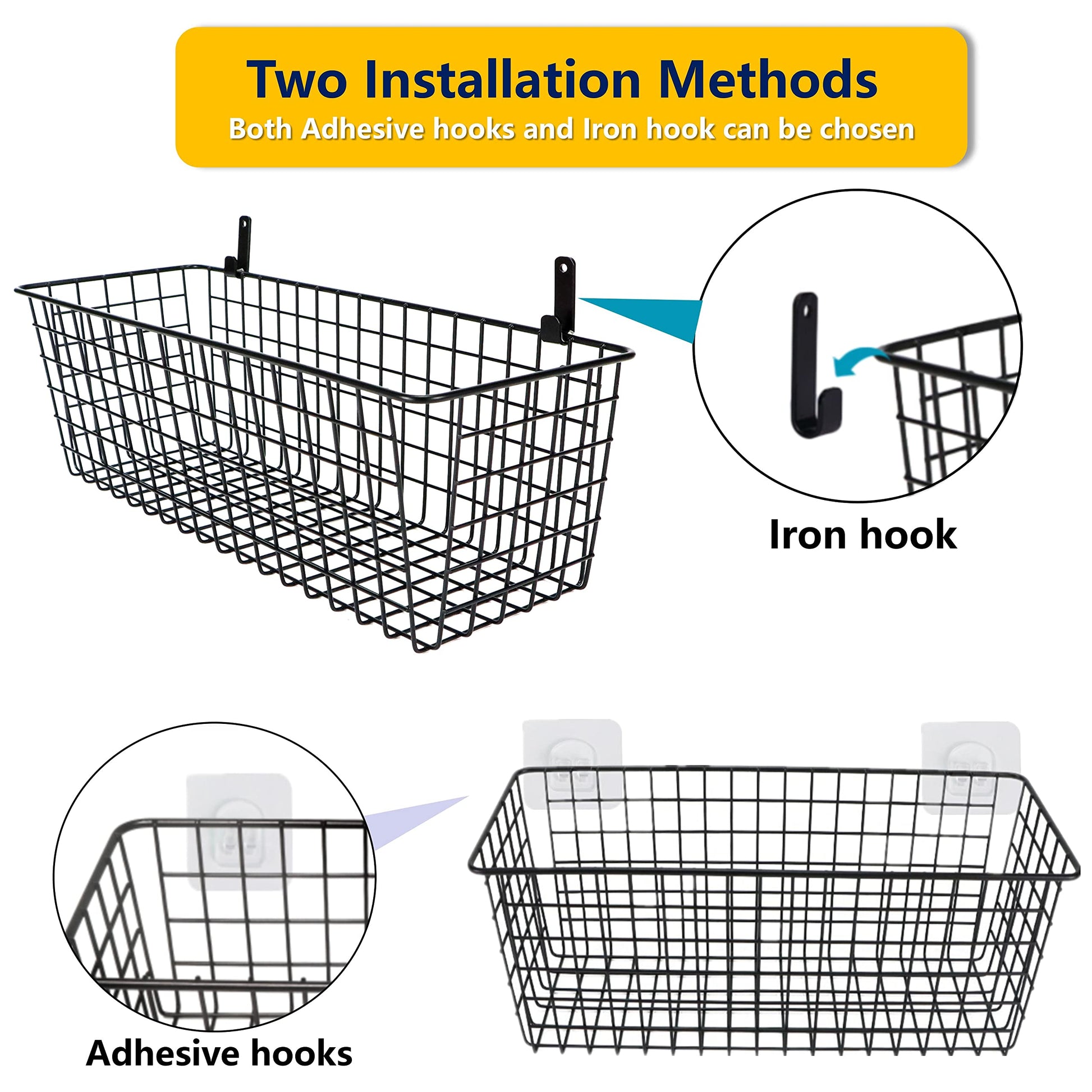 Joben Oligey 3 Set [Extra Large] Hanging Wall Baskets ,Wire Basket For Storage Pantry, Farmhouse Food Storage Kitchen Pantry Laundry Closet Garage RV ,Black