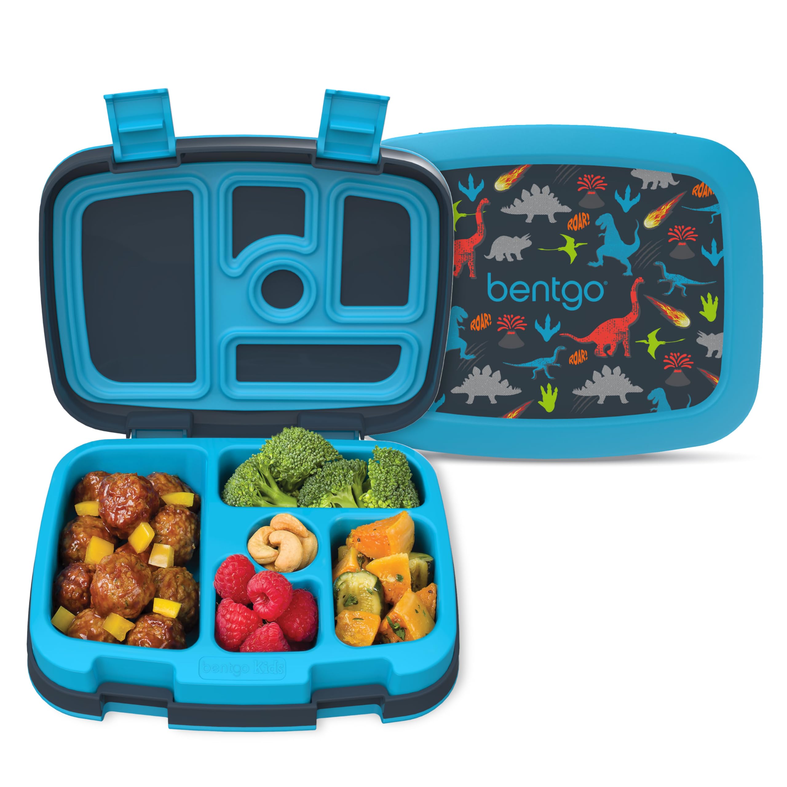 Bentgo Kids Prints Auslaufsichere Brotdose im Bento-Stil mit 5 Fächern – Ideale Portionsgrößen für Kinder von 3–7 Jahren, robust, sturzsicher, spülmaschinenfest & PFAS- und BPA-freie Materialien (Dinosaurier)