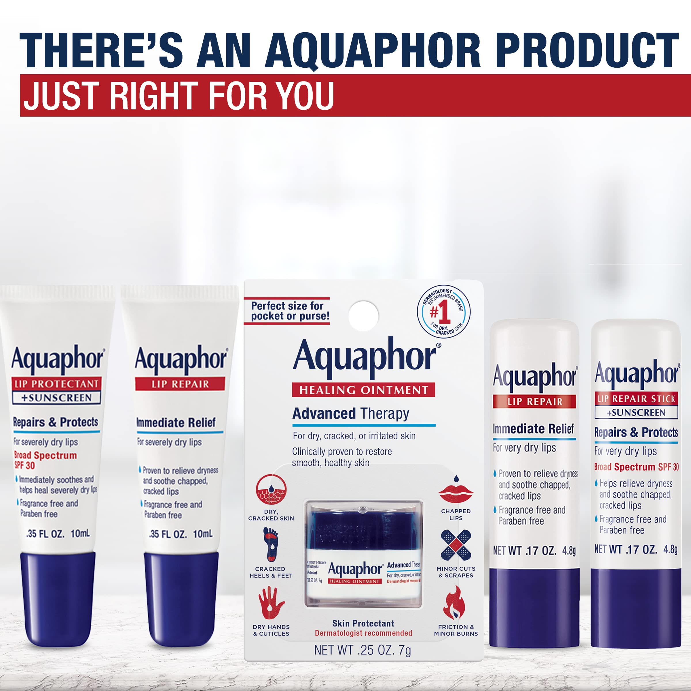 Aquaphor Lip Balm Set with Jojoba Oil and Shea Butter, Lip Repair Stick (2 x 0.17 Oz) + Repair Stick with Sunscreen SPF 30 (2 x 0.17 Oz), Fragrance Free, Paraben Free, Immediately Relieves Dryness