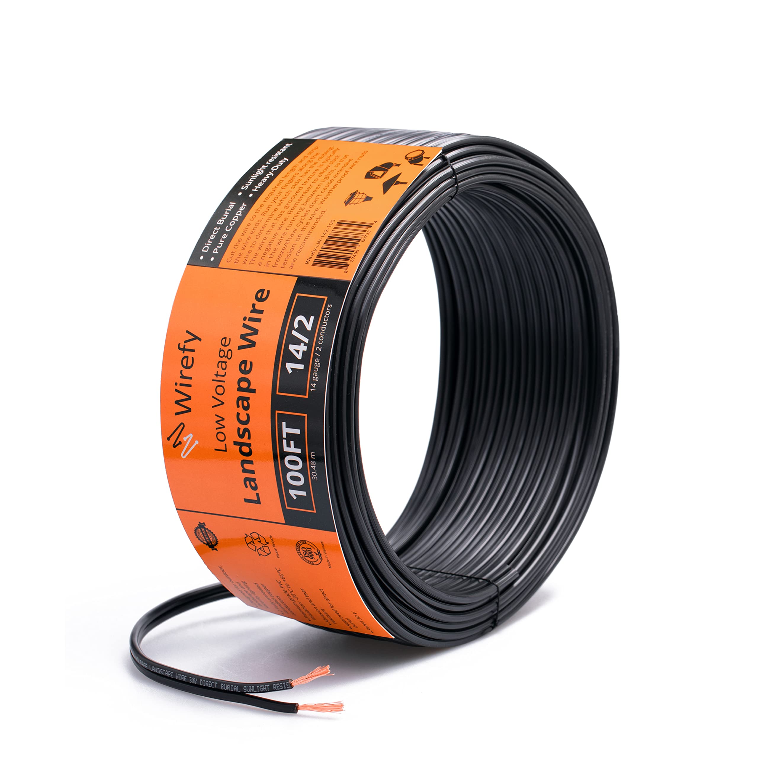 Wirefy 14/2 Niedervolt-Landschaftsbeleuchtungskabel – 14-Gauge 2-Leiter 30,5 m, Kupfer, Schwarz