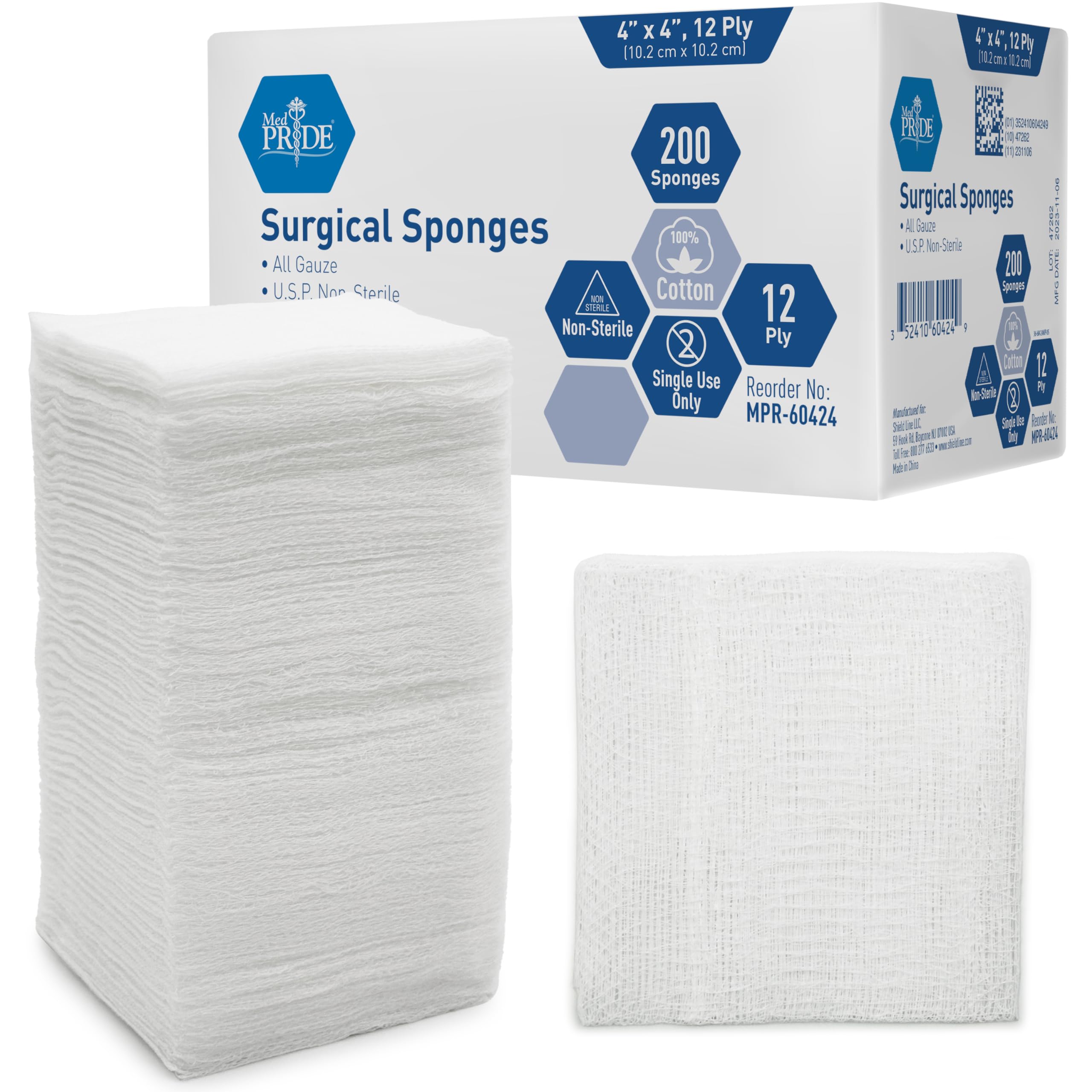 MED PRIDE 4"x 4" Gauze, 200 Surgical Sponges 12-ply Extra Absorbent | All-Gauze, Non-Sterile| Great for Wound Dressing, Prepping, Scrubbing & Cleaning| Essential First-Aid