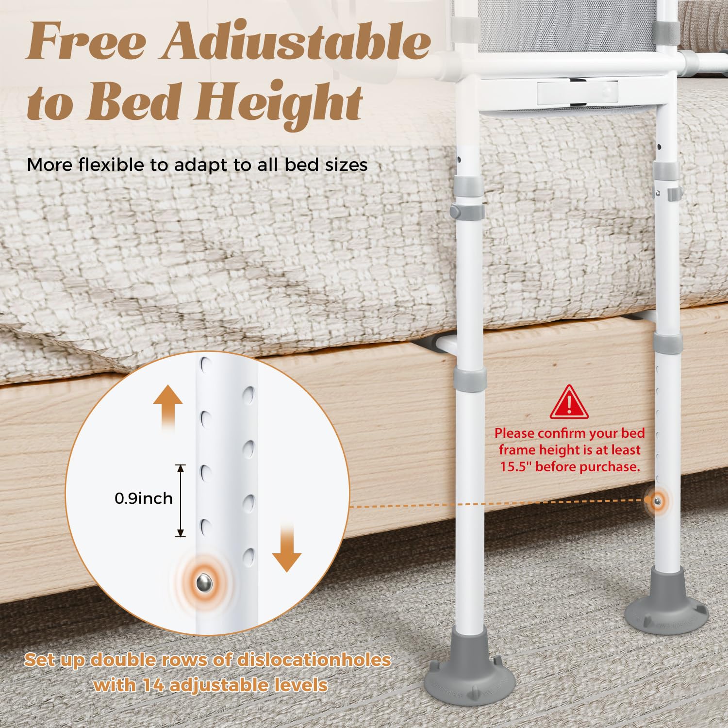 Bed Rails for Elderly Adults Safety: Adjustable Bedside Assist Rails with Storage Pockets, Non-Slip Handles, Sensor Night Light, 400LB Gravity Capacity (Compatible with Bed Frames 15.5" or Highe)