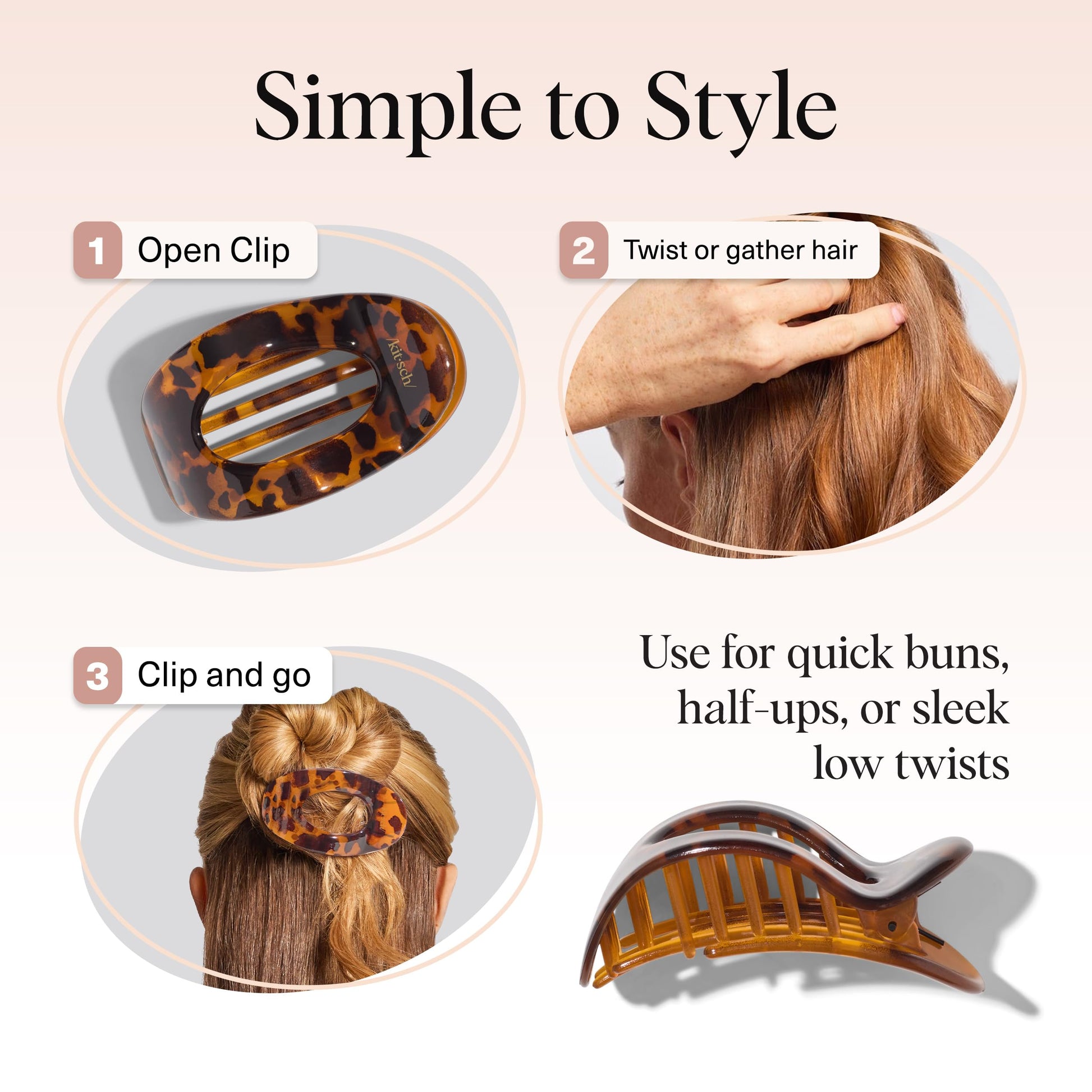 Kitsch Small Flat Claw Clips for Women - Stylish Flat Hair Clips for Women, Strong Hold for Thick & Fine Hair | Non-Slip for Secure, Comfortable All-Day Wear -Tortoise Design