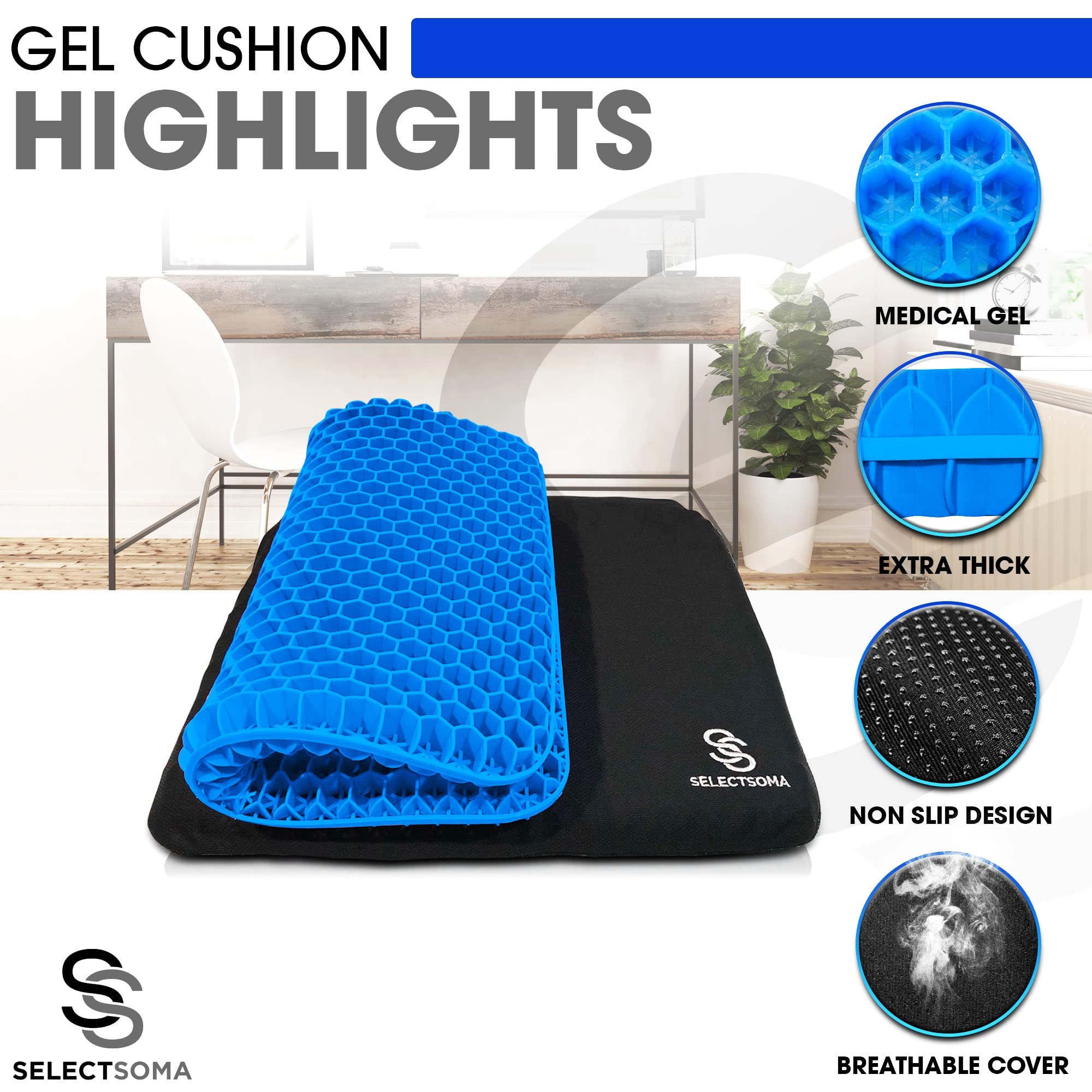 SelectSoma Gel Seat Cushion for Long Sitting Pressure Relief for Back, Sciatica, Coccyx, Tailbone Pain - Cushion for Office Chair, Wheelchair, Car & Truck, Patio Chairs - Egg Seat Pad