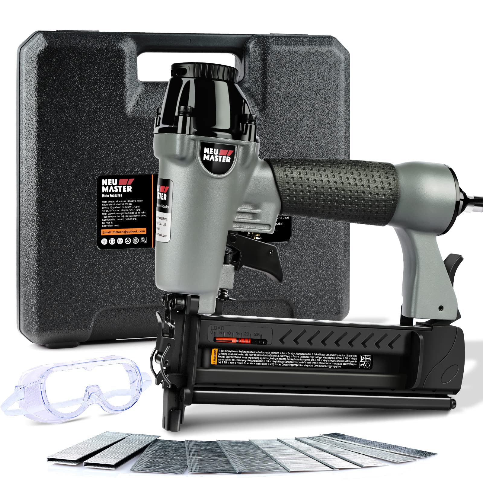 NEU Master Pneumatischer Brad-Nagler, 2-in-1-Nagelpistole Tacker, verschießt 18-Gauge 2-Zoll-Brad-Nägel und 1-5/8-Zoll-Kronklammern, mit Tragetasche und Schutzbrille (Verwendung mit Luftkompressor)