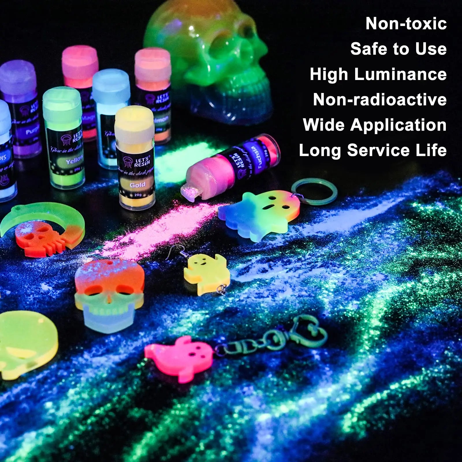 LET'S RESIN 12 Colors Glow in The Dark Pigment Powder - 20g/0.7oz Each Bottle Epoxy Resin Luminous Pigments Long Lasting for Slime, Nails, Acrylic Paint, Halloween Decoration,Art,Crafts