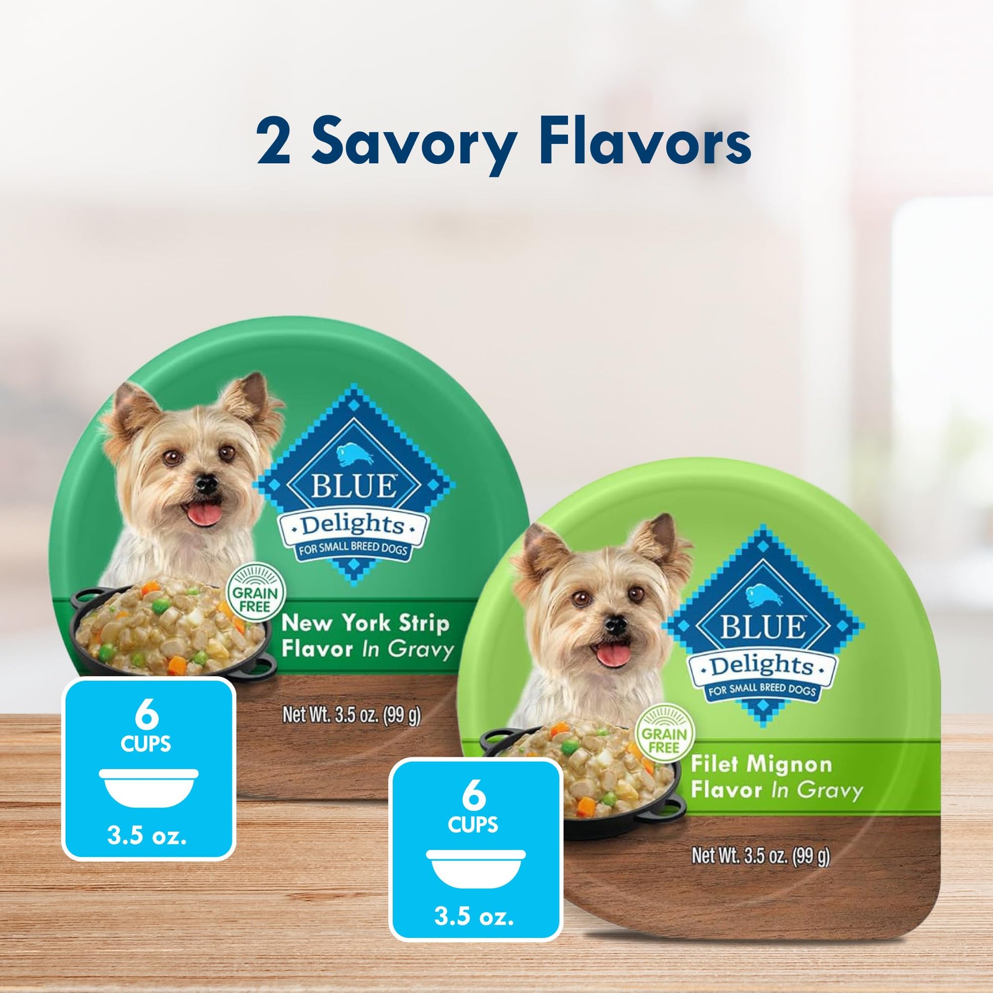 Blue Buffalo Delights Natural Adult Small Breed Wet Dog Food, Variety Pack, Made with Natural Ingredients, Filet Mignon & New York Strip Recipe in Hearty Gravy, 3.5-oz. Cups (12 Count, 6 of Each)
