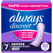 Always Discreet Adult Incontinence Pads for Women, Ultimate Extra Absorbency, Long Length, Postpartum Pads, 104 Count (4 Packs of 26)
