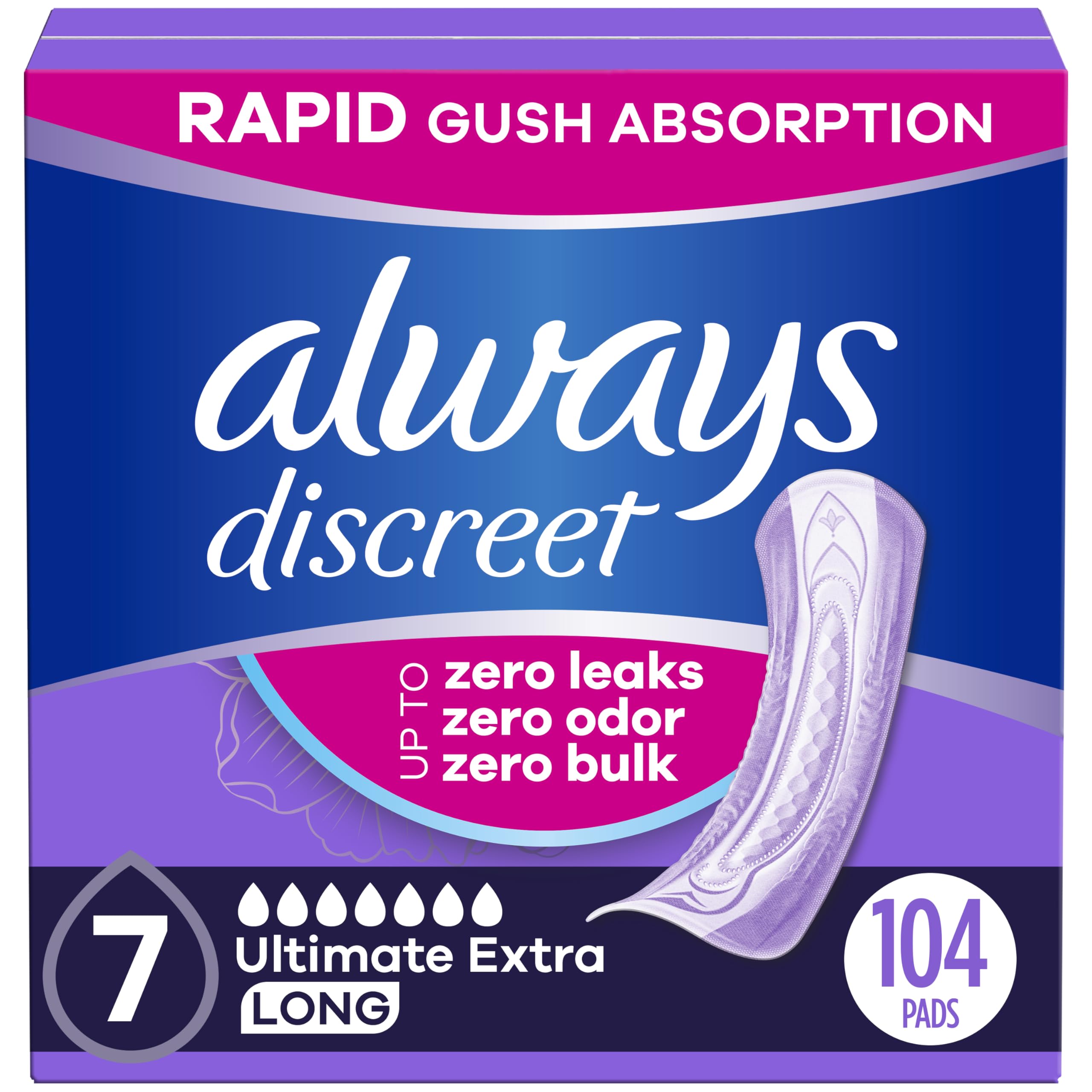 Always Discreet Adult Incontinence Pads for Women, Ultimate Extra Absorbency, Long Length, Postpartum Pads, 104 Count (4 Packs of 26)