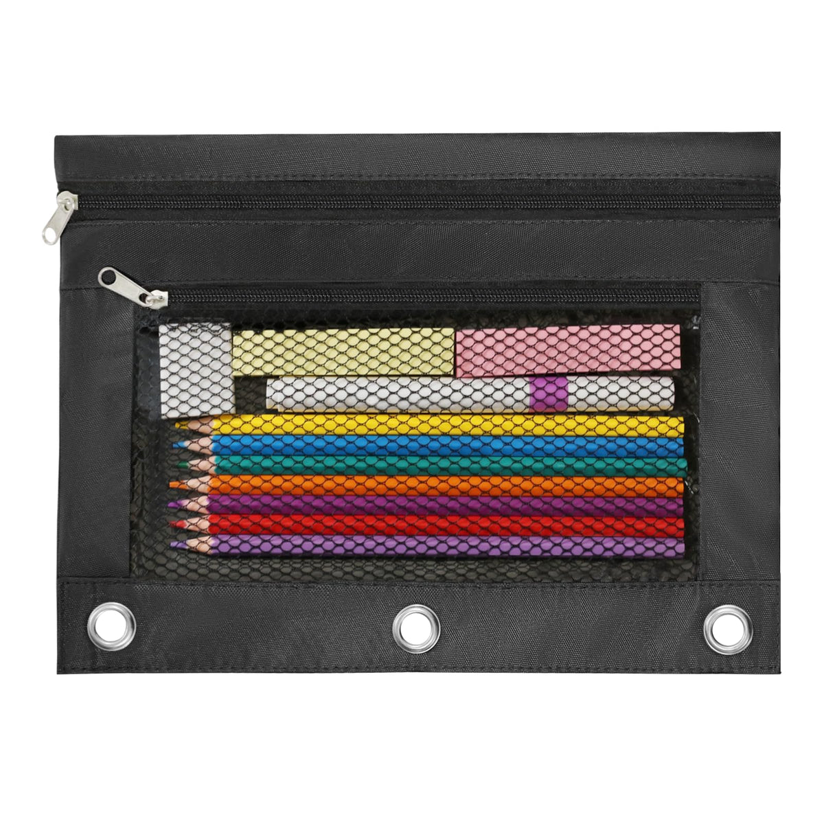 INNOIO 3 Ring Binder Pencil Pouch - School Pencil Case with 2 Zippered Pockets, Clear Mesh Window Pencil Bag, B5 Size, Back to School Gifts (Black)