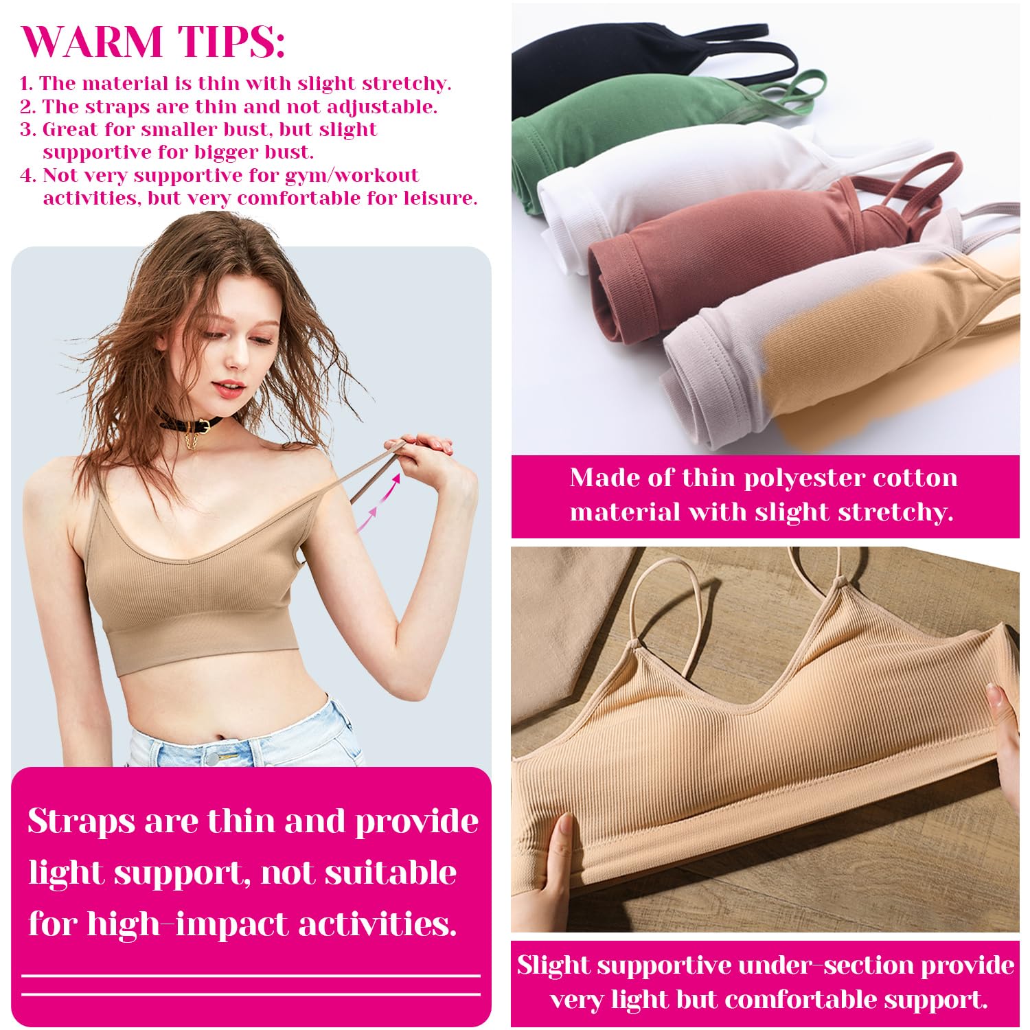 selizo Padded Bralettes for Women, 6 Pcs Sports Bras for Women Pack, V Neck Cami Bando Bra for Women Girls, S-M