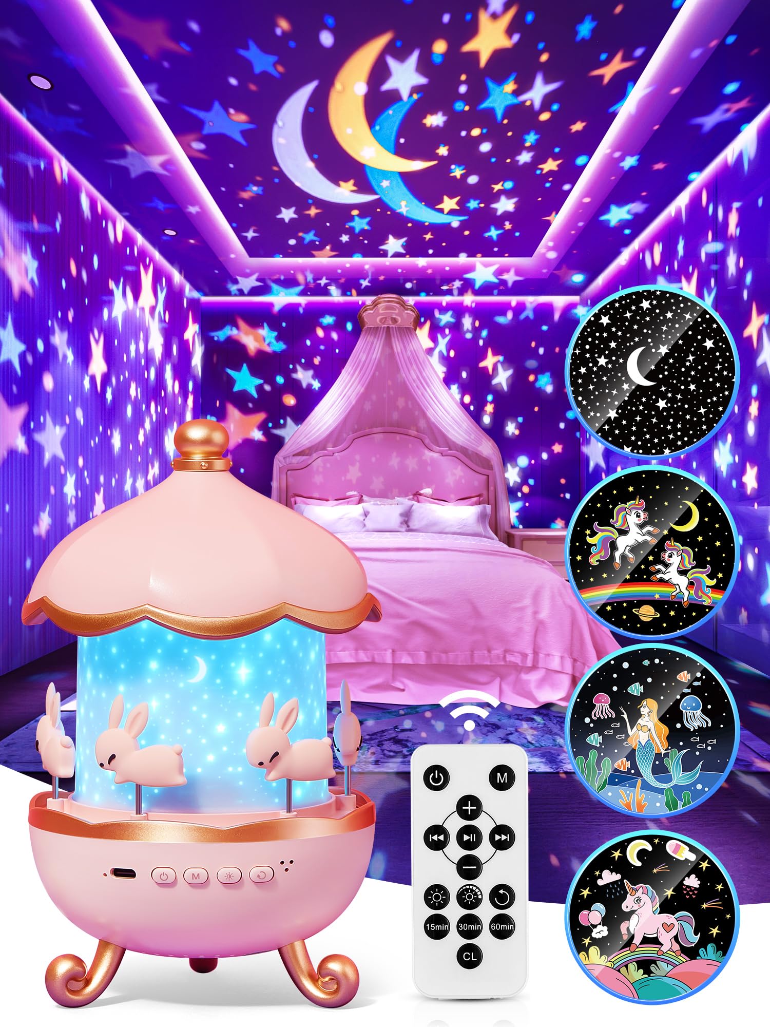 Karussell-Nachtlicht für Kinder, 10 Musik+15 Filme+315 Farben Sternenprojektor für Kinder Nachtlicht, 360 Grad drehbar+Fernbedienung+1200mAh Sternenlichter für die Decke, Einhorn-Spielzeug für Mädchenzimmer-Deko Prinzessinnen-Geschenke