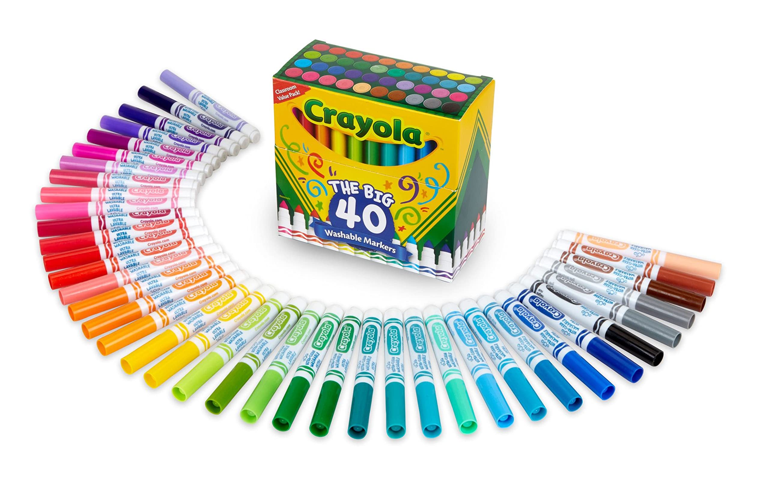أقلام تلوين كرايولا ألترا كلين القابلة للغسل للمدرسة (40 قطعة)، لوازم أساسية للعودة إلى المدرسة للأطفال، مجموعة أقلام تلوين لدفاتر الرسم، لوازم فصول المعلمين