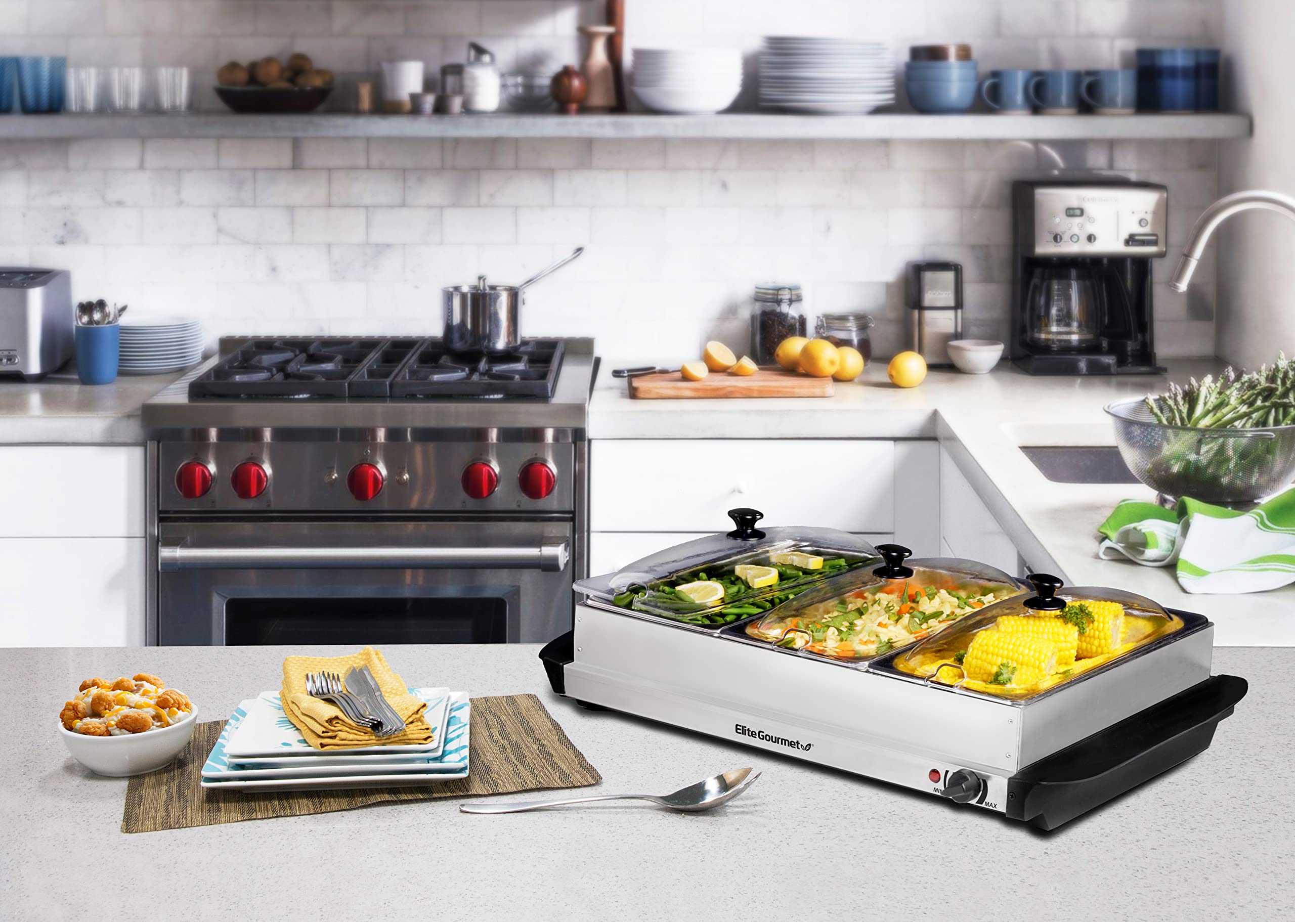 Elite Gourmet EWM-6171 Triple 3 x 2.5 Qt. Trays, Buffet Server, Food Warmer Temperature Control, Clear Slotted Lids, Perfect for Parties, Entertaining & Holidays, 7.5 Qt Total, Stainless Steel