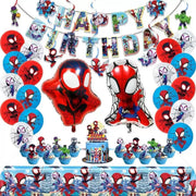 Cartoon spidey themed birthday party supplies. These decorations include "Happy Birthday" banners, tableware, tablecloths, balloons, large and small skewers, and party-themed decoration sets.