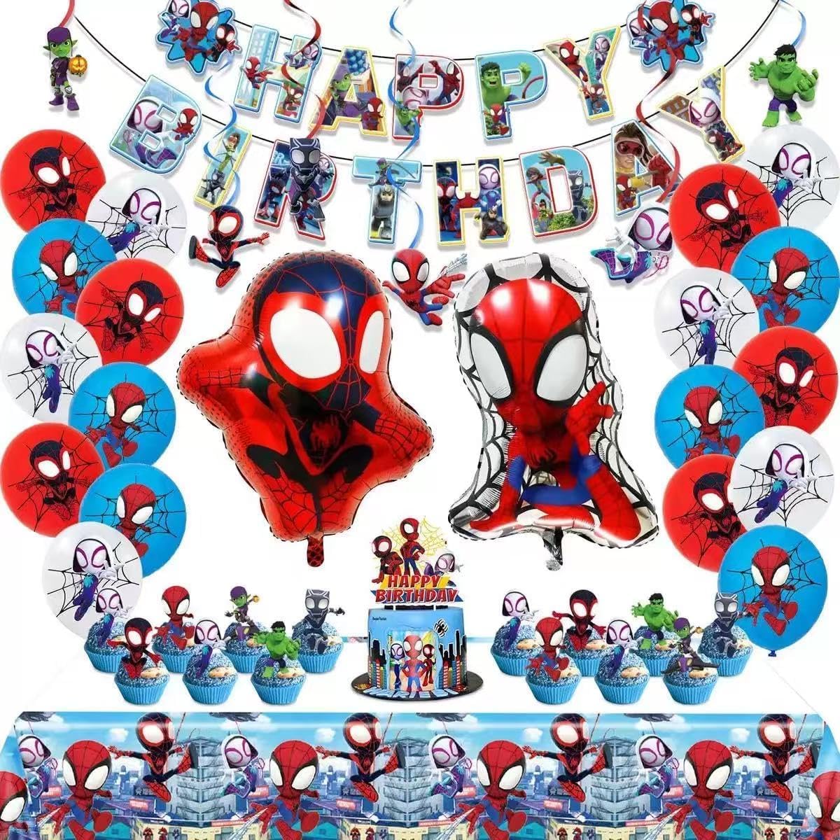 Cartoon spidey themed birthday party supplies. These decorations include "Happy Birthday" banners, tableware, tablecloths, balloons, large and small skewers, and party-themed decoration sets.