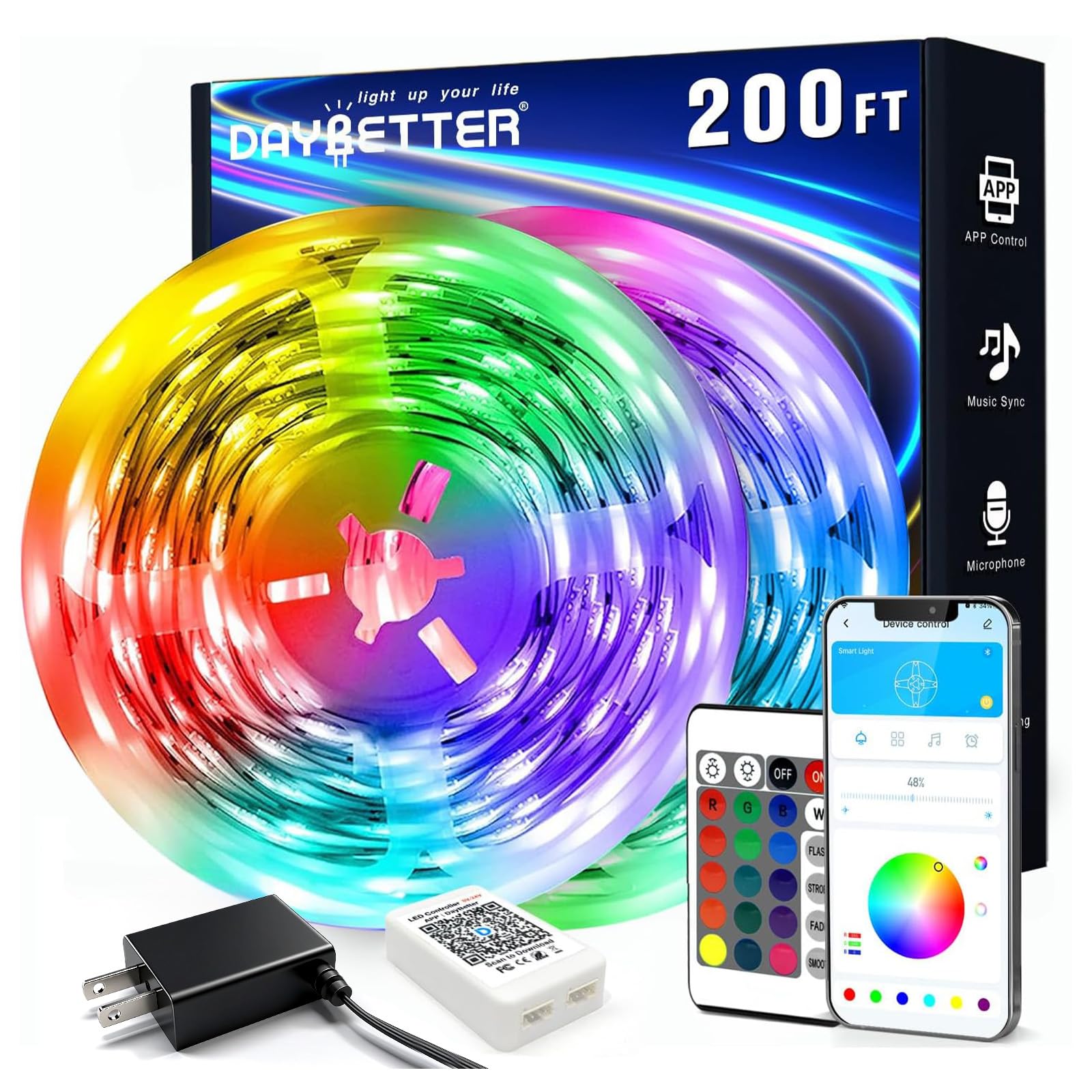 DAYBETTER LED-Lichtleisten 60m (2 Rollen à 30m), Smart App Steuerung Beleuchtung Schlafzimmer Raumdekor mit Fernbedienung, RGB Musiksynchronisation Farbwechsel LED-Lichter für Partys
