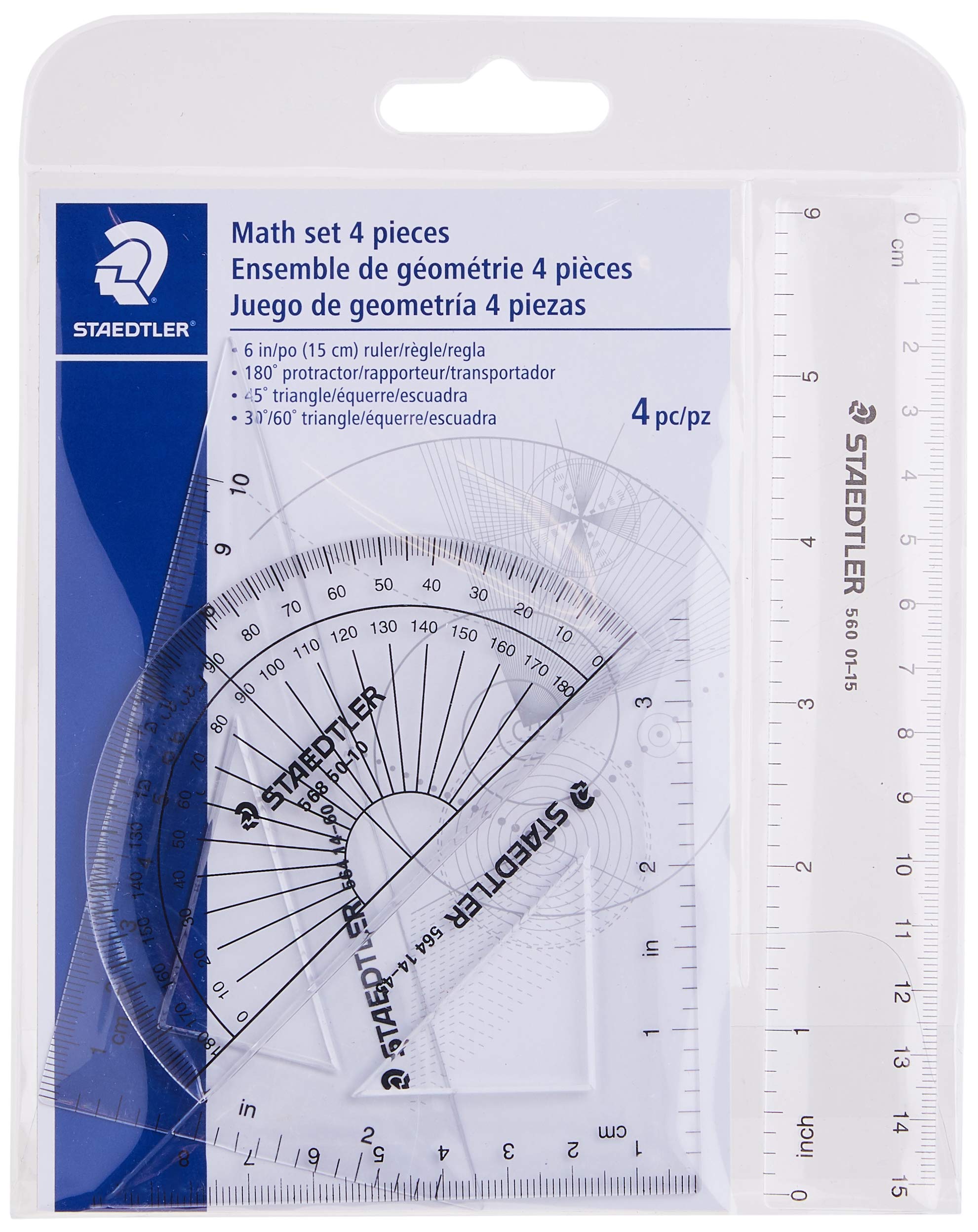 STAEDTLER Math Set - 4 pc Geometry Kit for Students - School Supplies with Clear Protractor, 6in Ruler & 2 Triangles - Metric & Imperial Scales