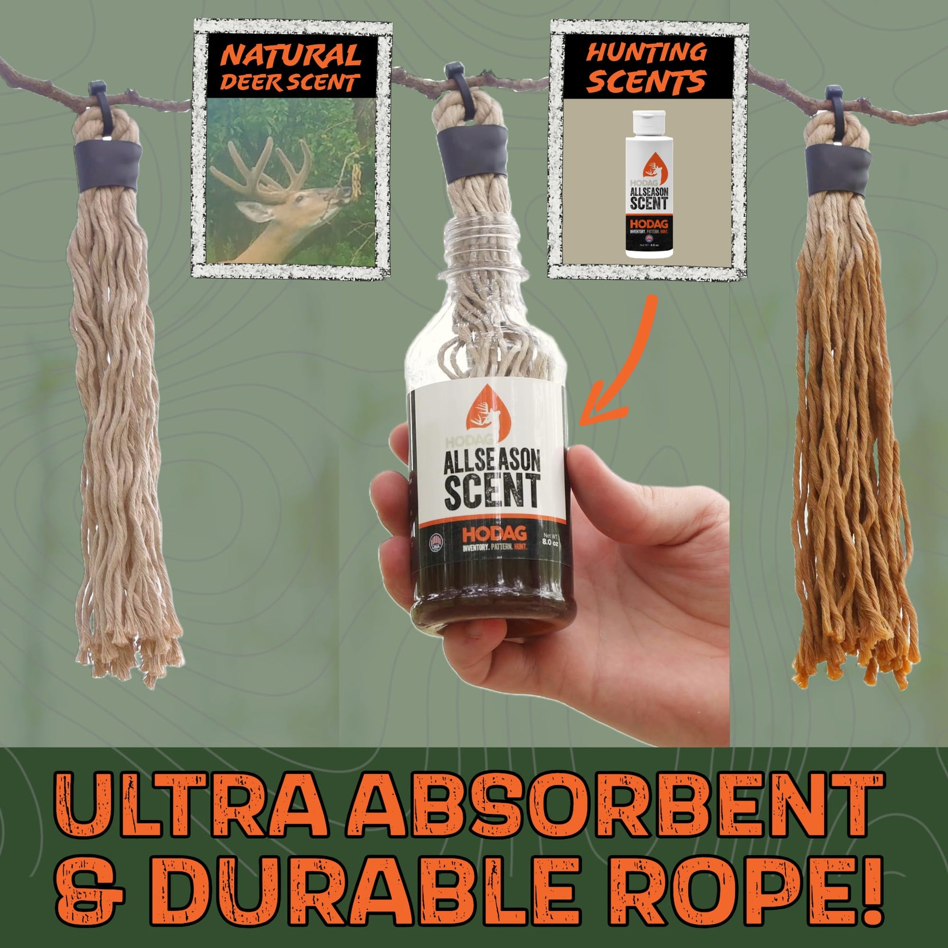 HODAG HempScent Scrape Tassels Scent Wicks for Deer Hunting – Effective Whitetail Attractant & Lure – Apply Buck or Doe Urine, Estrus for Mock Scrapes - Super Absorbent Rope Blend for Hunters (3-Pack)