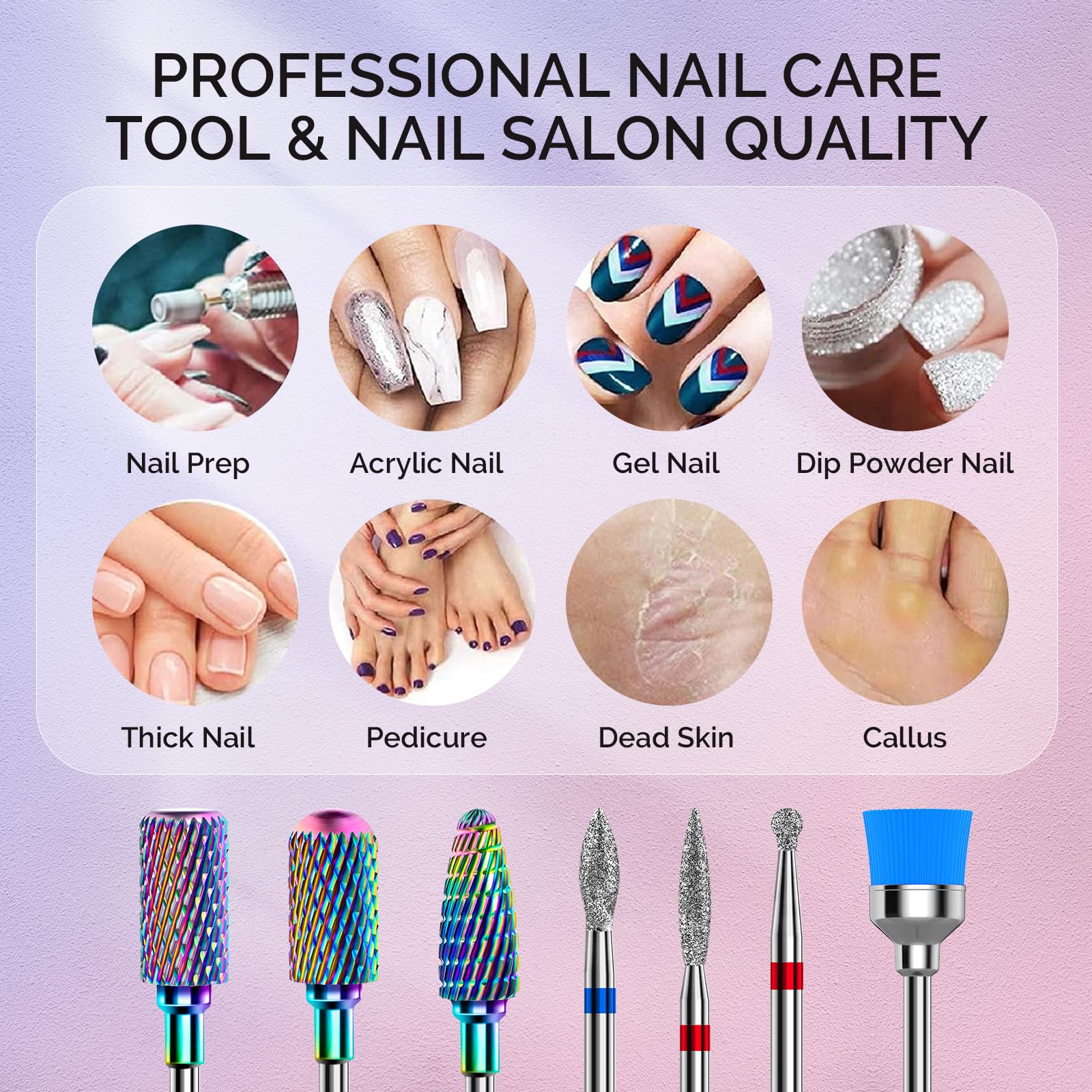 MelodySusie Nail Drill Bits Set, 7pcs Tungsten Carbide Diamond Nail Drill Bits for Acrylic Nails Poly Gel Cuticle Remove, 3/32'' Professional Nail Bits for Nail Drill Efile, Manicure Pedicure Tools