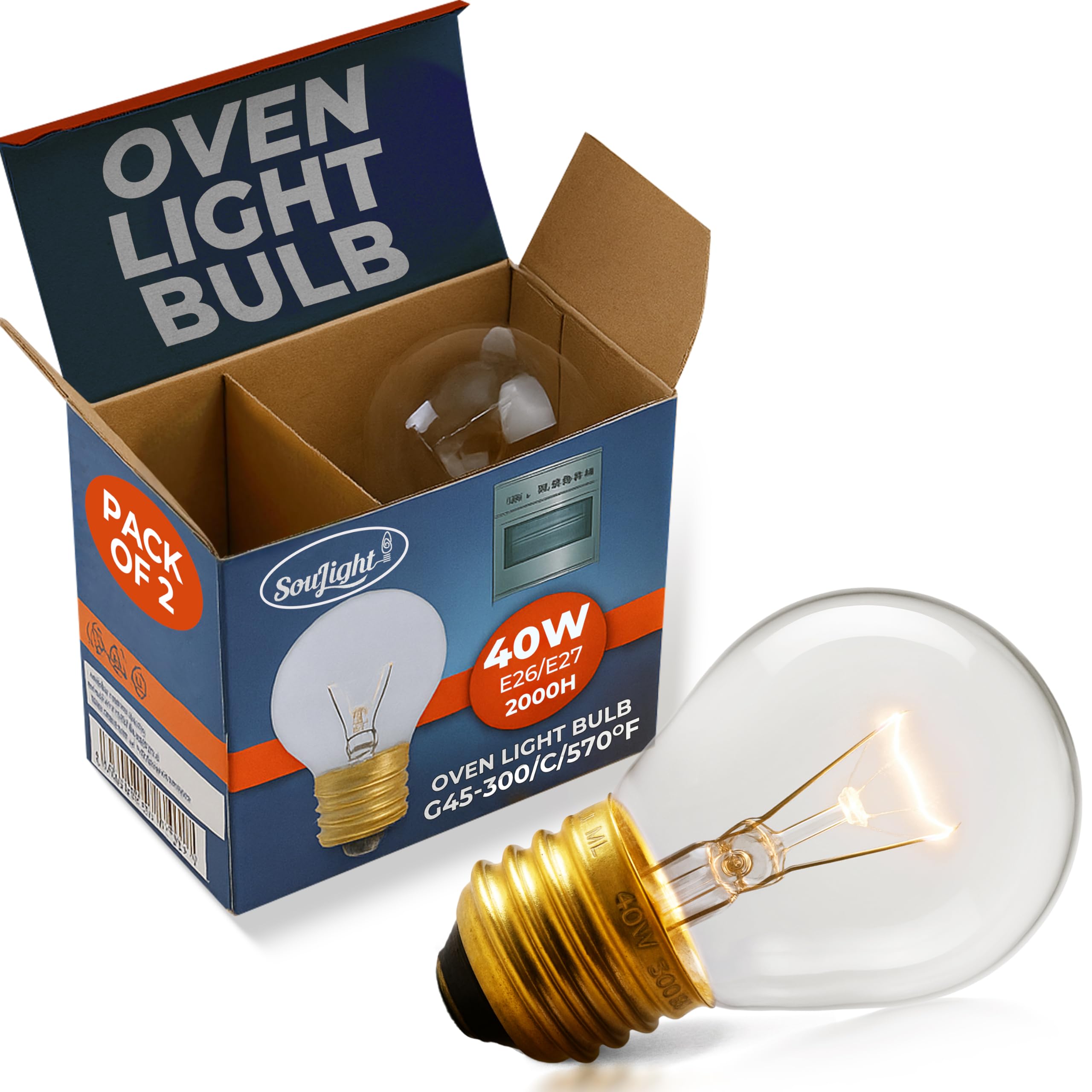 Ofenlampe – 40 Watt Ersatzlampe für Ofen, Herd, Kühlschrank, Mikrowelle. Glühlampe – Hochtemperatur G45 E26/E27 Sockel – Warmweiß – 400 Lumen – Klar. 2er-Pack