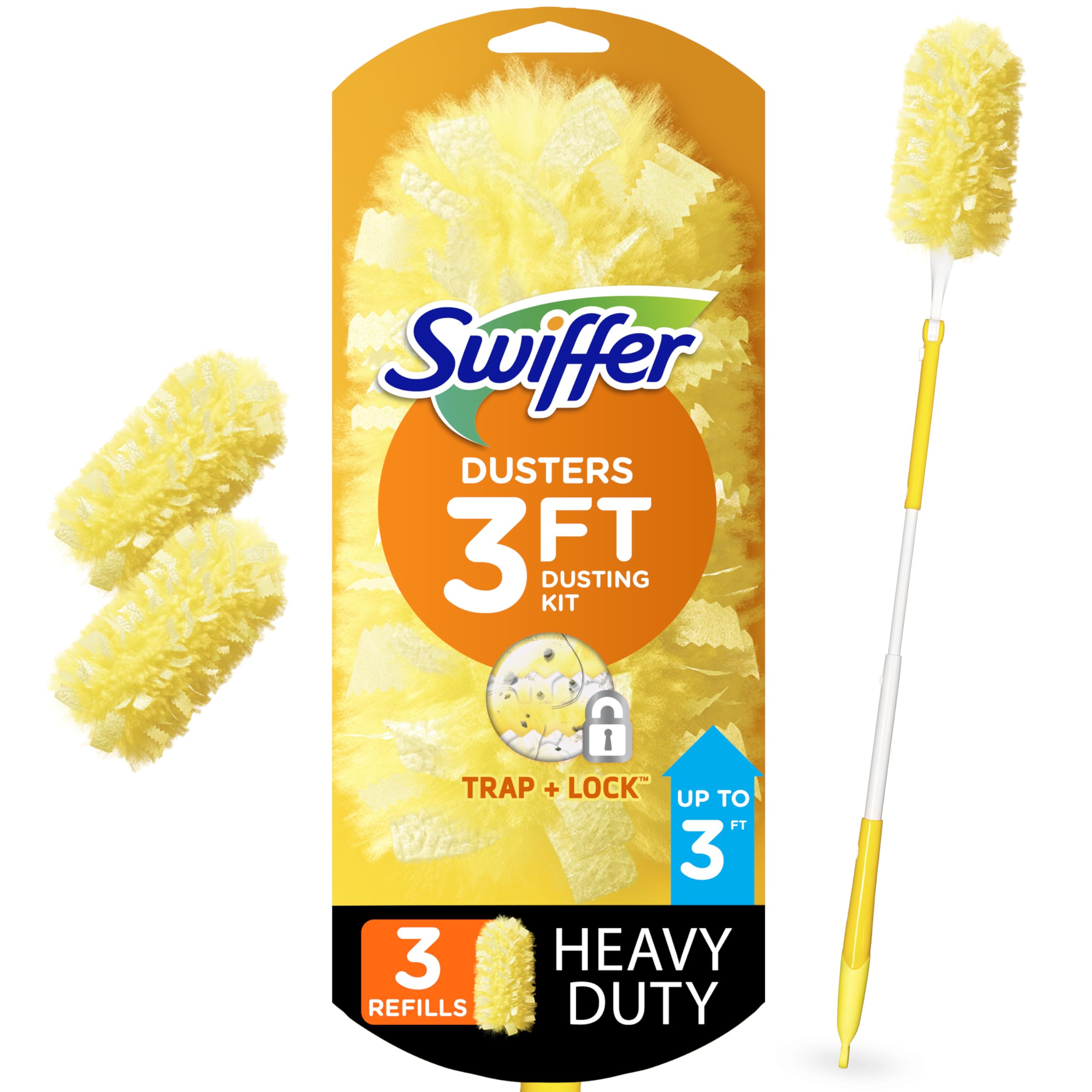 طقم بدء Swiffer Duster Heavy Duty بمقبض قابل للمد 3 قدم مع 3 عبوات إعادة تعبئة