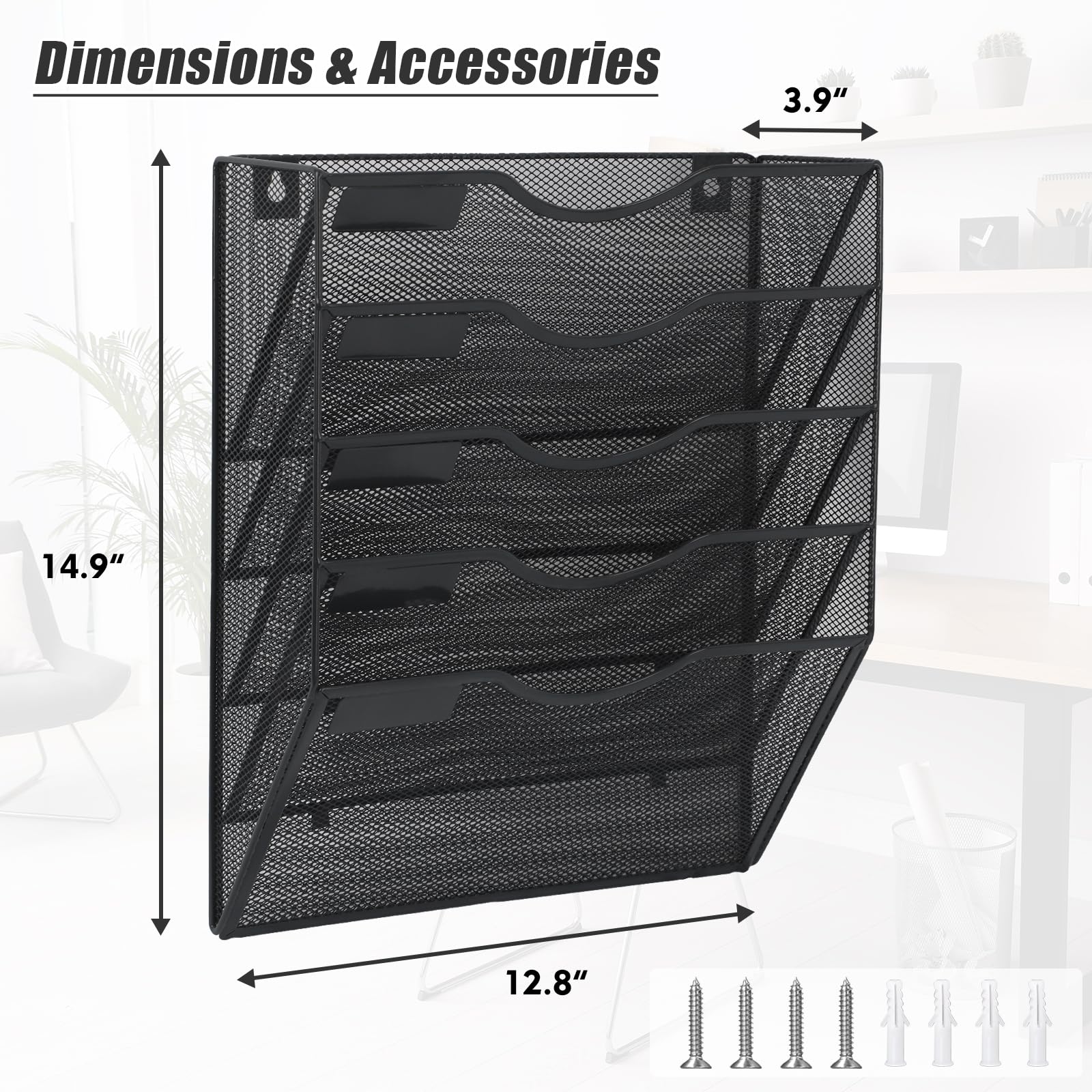 EASEPRES 5 Pocket Mesh Hanging Wall File Organizer, Wall Mounted Mail Paper Document Folder Holder, Clipboard Storage Organization Magazine Rack with Nametag Label for Office Home School, Black