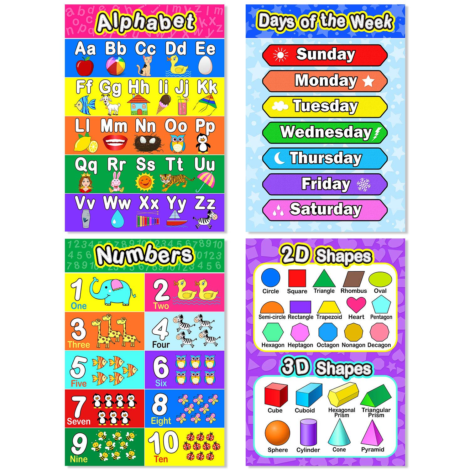 Blulu 8 Educational Preschool Poster for Toddler and Kid Learning with 60 Glue Point Dot for Nursery Preschool Homeschool Kindergarten Classroom Teach Number Alphabet Color Month and More 16 x 11 Inch