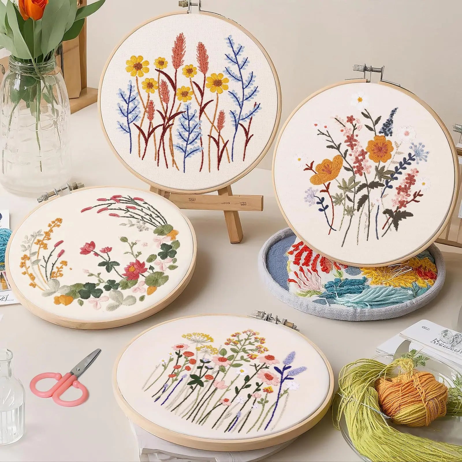 CYANFOUR 5 Pack Beginner Embroidery Kit for Adults, Easy to Learn Floral Embroidery Patterns from Video & Instruction, Needlepoint Kits for Adults Include Embroidery Hoop, Colorful Threads, Tools
